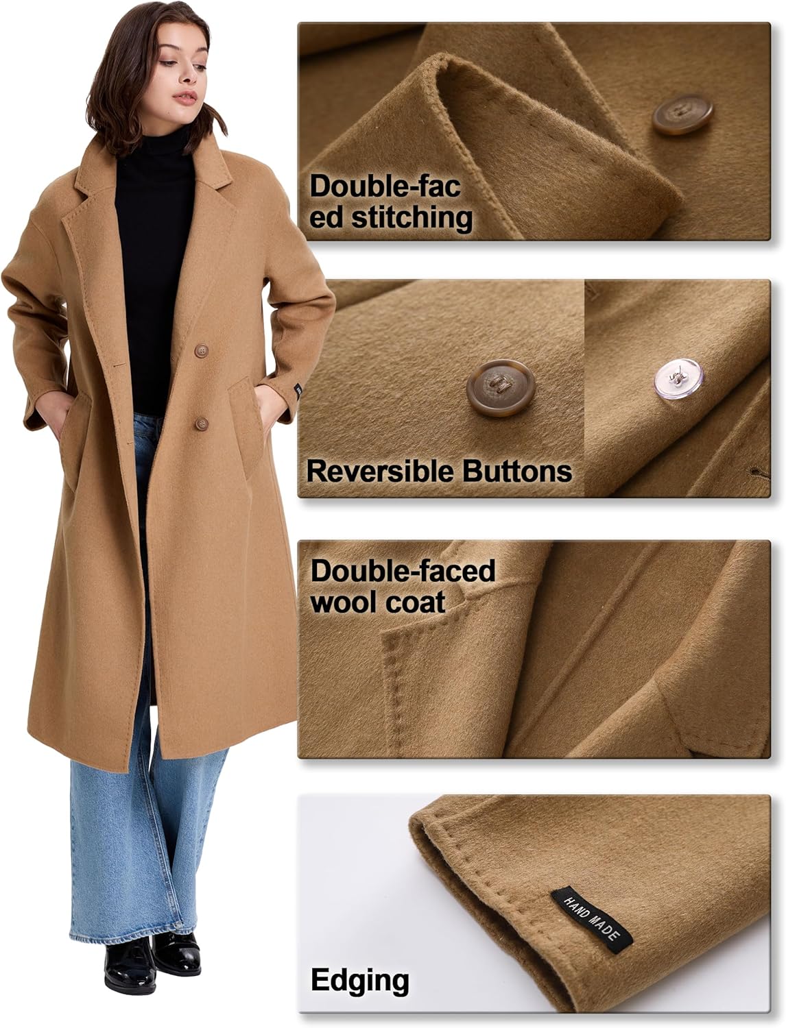 Women's Fall Long Wool Pea Coat,Blended Classy Double Breasted Trench Jacket,Winter Dress Overcoat,Lightweight - Image 4
