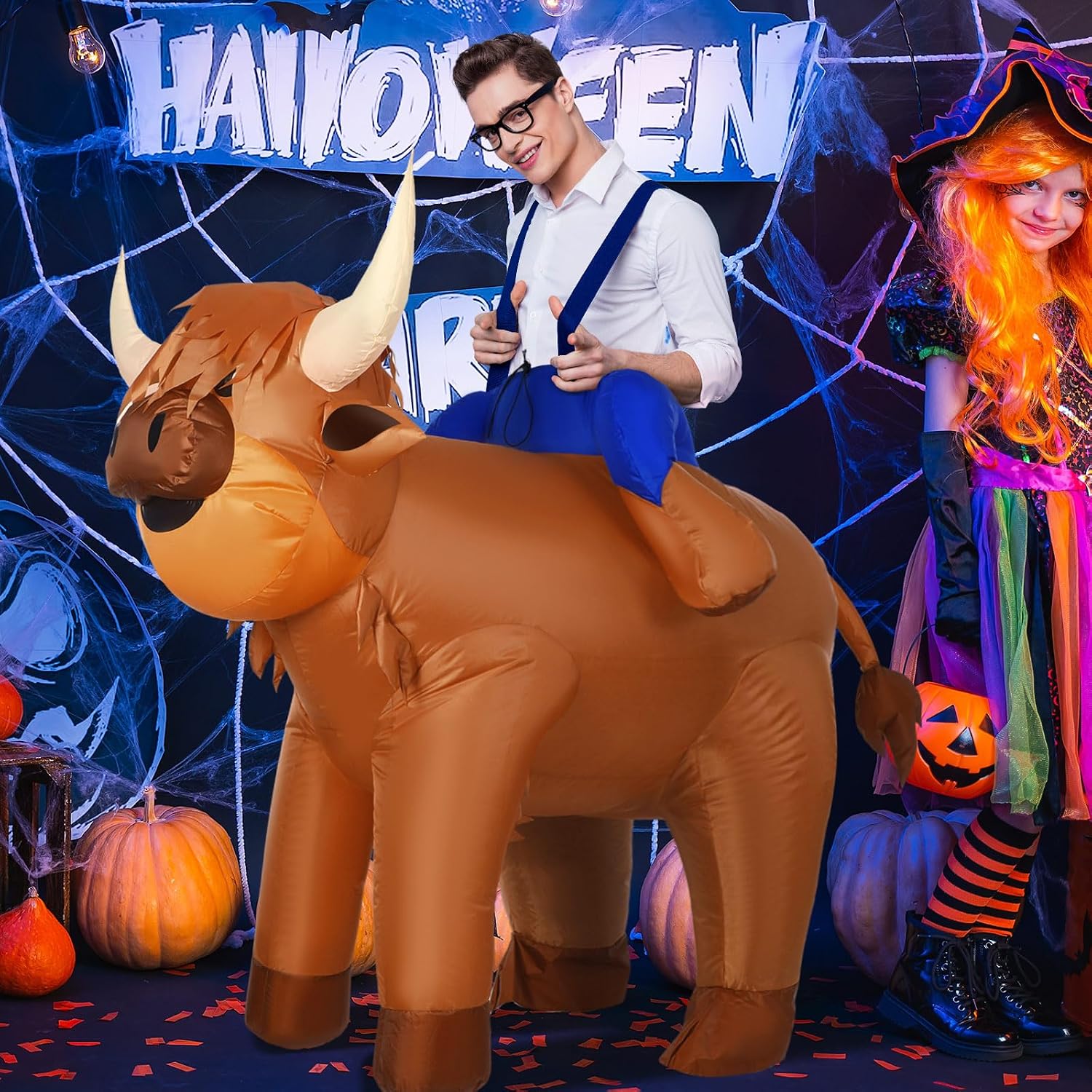 Simgoing Inflatable Highland Cow Costume - Adult Halloween Blow Up Cow Themed Party Costume Cosplay Ride On Animal Suit for Men & Women