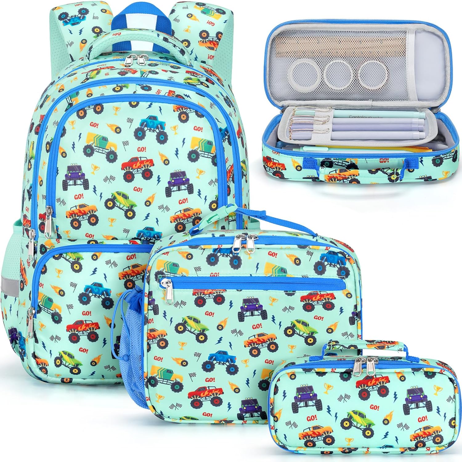 Fimibuke Kids Backpack Set for School Boys, 3-in-1 Waterproof Toddler School Bag Bookbag Set with Lunch Box & Pencil Case, Monster Truck Pattern, Ages 3-12