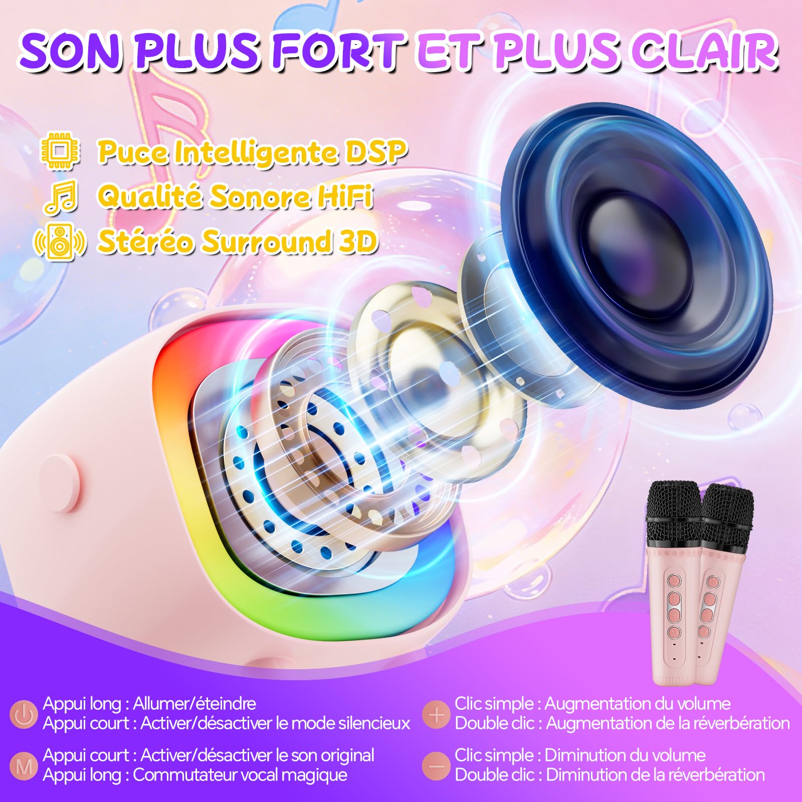 Micro Karaoke Enfant avec 2 Micro sans, 6 Modes D'éclairage avec Effets, Enceinte Bluetooth Portable, Cadeaux d'anniversaire de Noël pour Enfants Jouets pour Enfants 3-12 Ans (Rose)