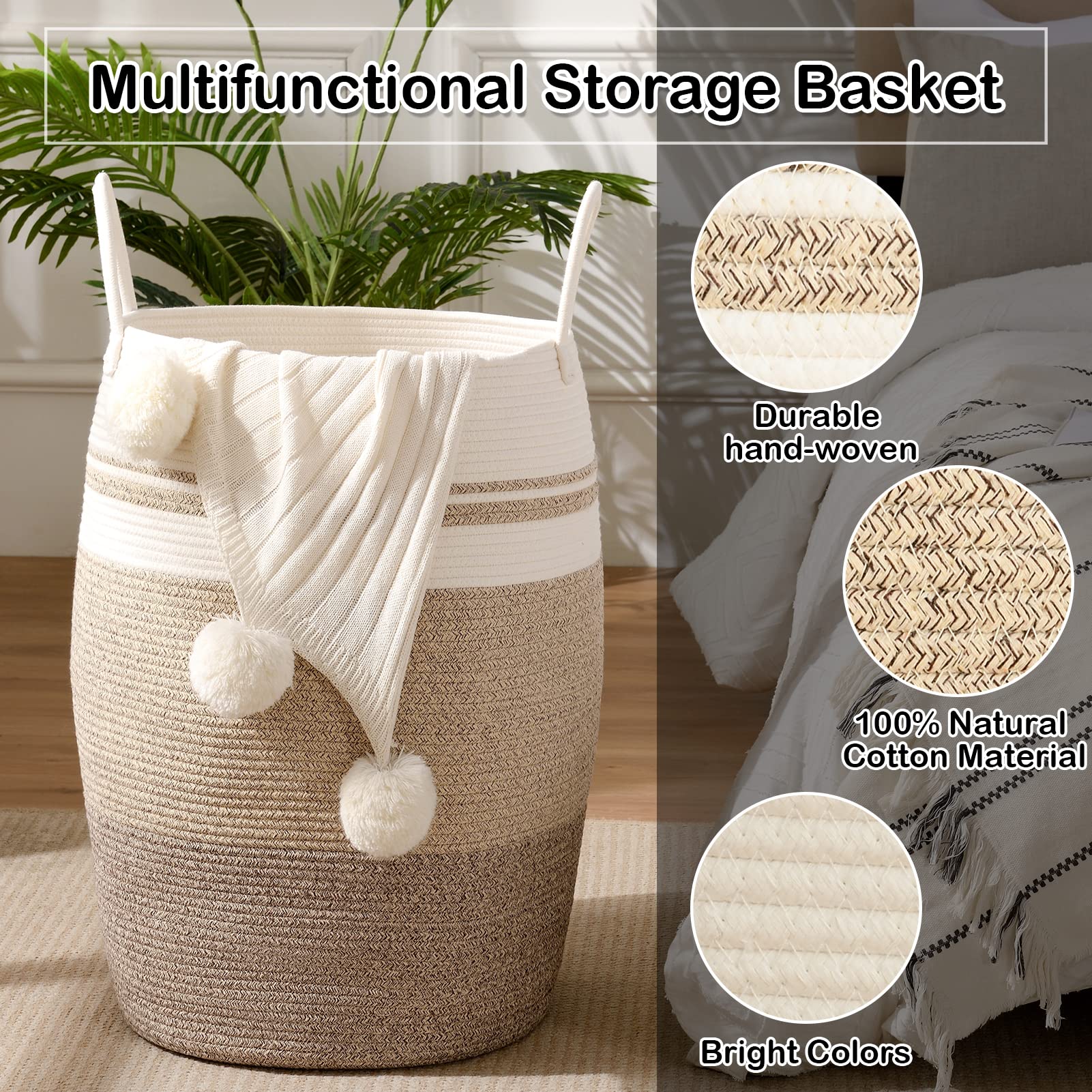 OIAHOMY Laundry Hamper Woven Rope Large Clothes Hamper 25.6" Cesta de lavandería de altura alta con manijas extendidas para ropa de almacenamiento Juguetes en el dormitorio, cuarto de baño, plegable