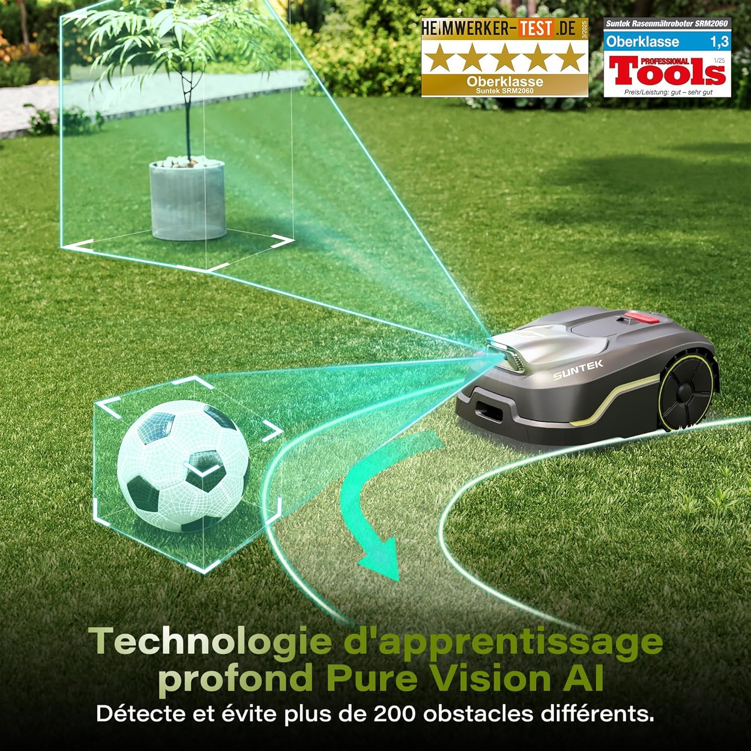 SUNTEK Robot cortacésped inalámbrico periférico – Robot Recortadora IA + visión para 600 m², tecnología IA cámara, Pendiente hasta 35°, estanqueidad IPX5, cartografía automática, multizonas, Control