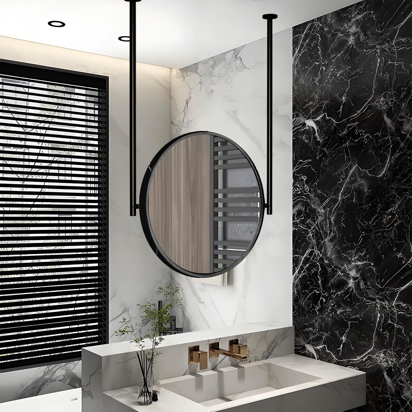 FGXHHS for Round Mount Ceiling, Black Frame Wall Mounted Makeup Mirror, Modern Decor with Hanging Rod, Customizable Large Vanity Mirror(Diameter-70CM/27.6INCH)