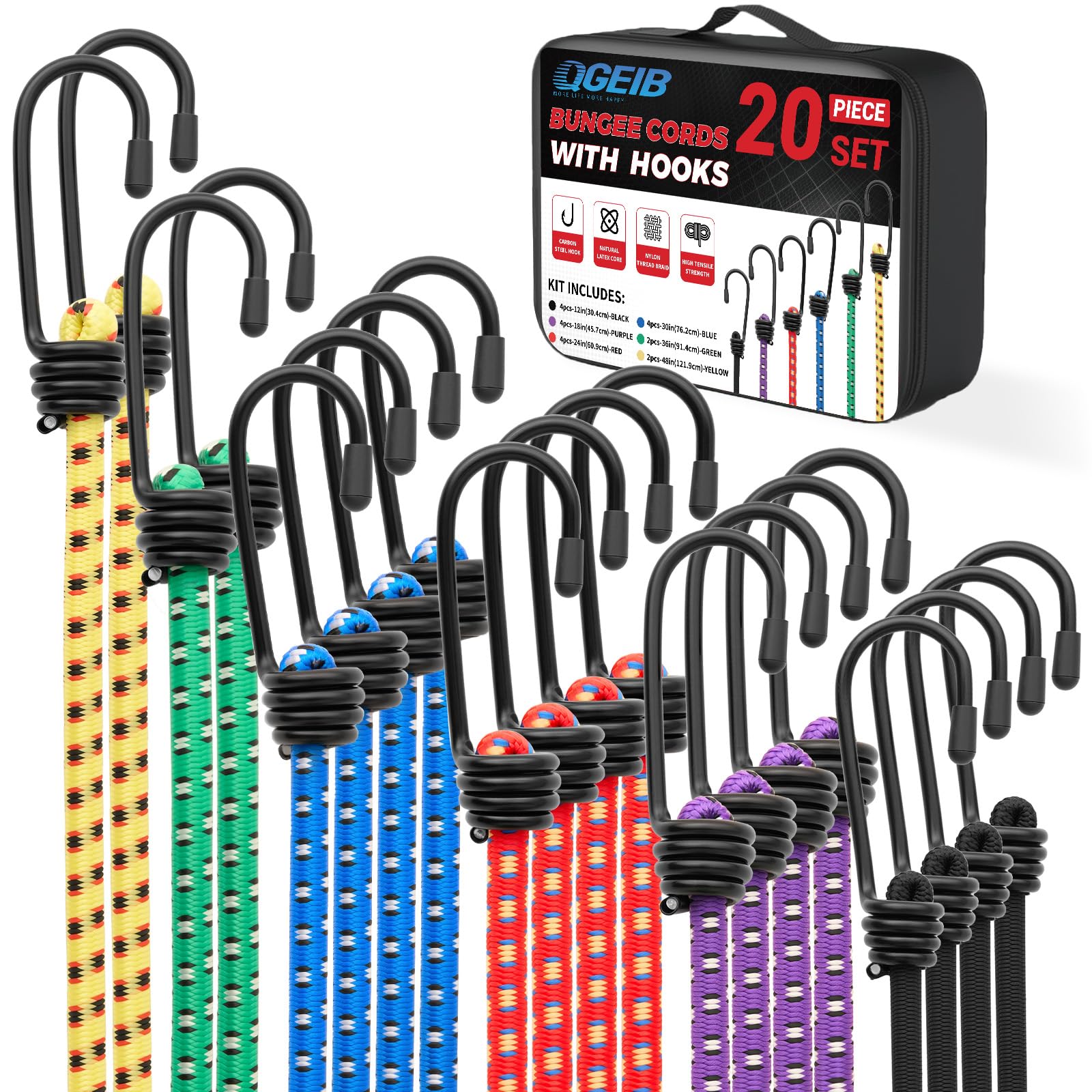 Lot de 20 tendeurs élastiques robustes avec crochets – 30,5 cm, 45,7 cm, 76,2 cm, 91,4 cm, 121,9 cm – Sangles élastiques de qualité supérieure pour camion, camping-car, cargaison et fixation d'auvent