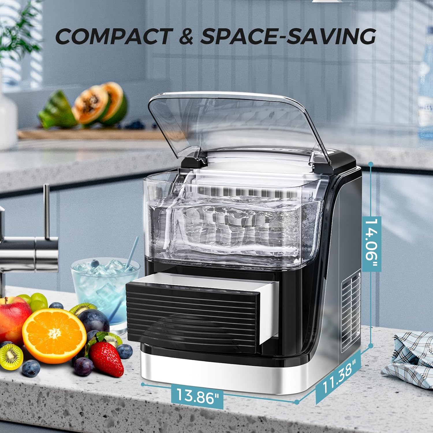 LHRIVER Ice Cube Maker dimensions: 14.06 inches depth, 13.86 inches width, 11.38 inches height