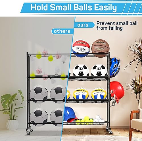Miniatura 3 de Mythinglogic Estante de baloncesto, almacenamiento de pelotas con soporte para bate de béisbol, estante de bolas rodantes con malla de nailon