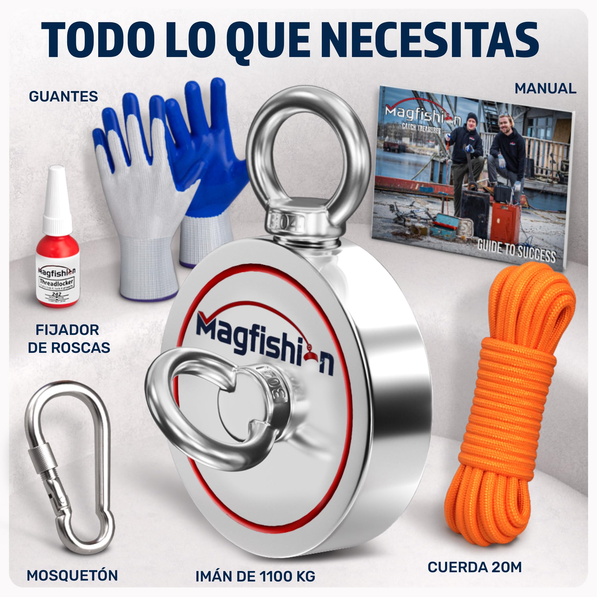 MAGFISHION Juego de Pesca Magnética - Fuerza de Atracción 1100KG (2500lb) - Ø116mm - Imanes Neodimio Potentes con Cuerda (20M) & Guantes- Iman de Neodimio