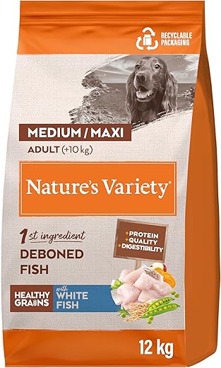 Nature’s Variety – Pienso para perros adultos medianos y grandes Nature’s Variety Healthy Grain pescado blanco. 12 Kg