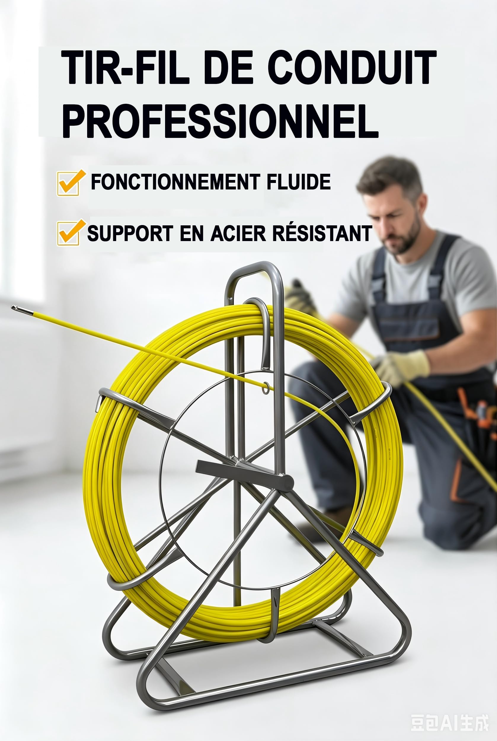 Ruban à Poisson Fibre de Verre 80M 6,35mm, Aiguille Électricien Tirage Câble, Extracteur avec Bobine Acier et Frein【80M】