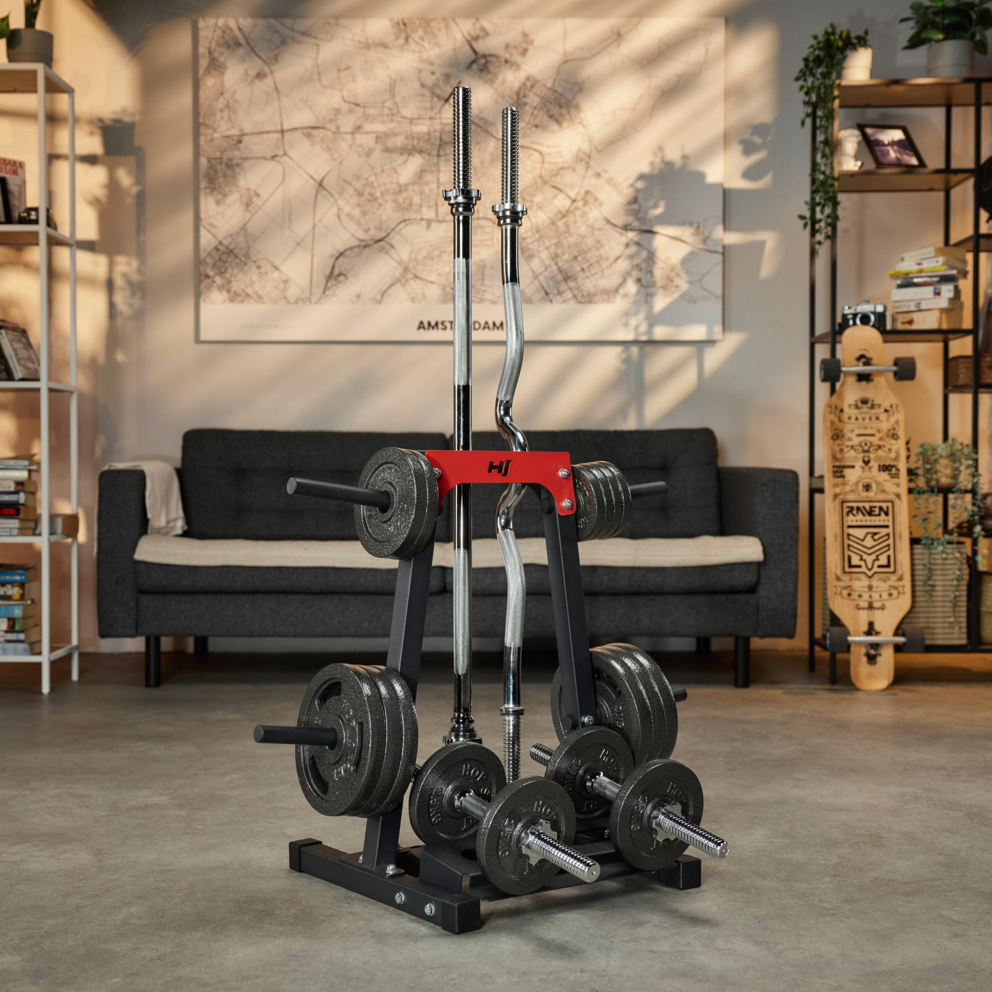 HOP-SPORT Langhantelständer - Hantelscheiben-Ständer Hantelständer für Kurzhanteln Ablage für Gewichte und Hantelstangen bis 200kg