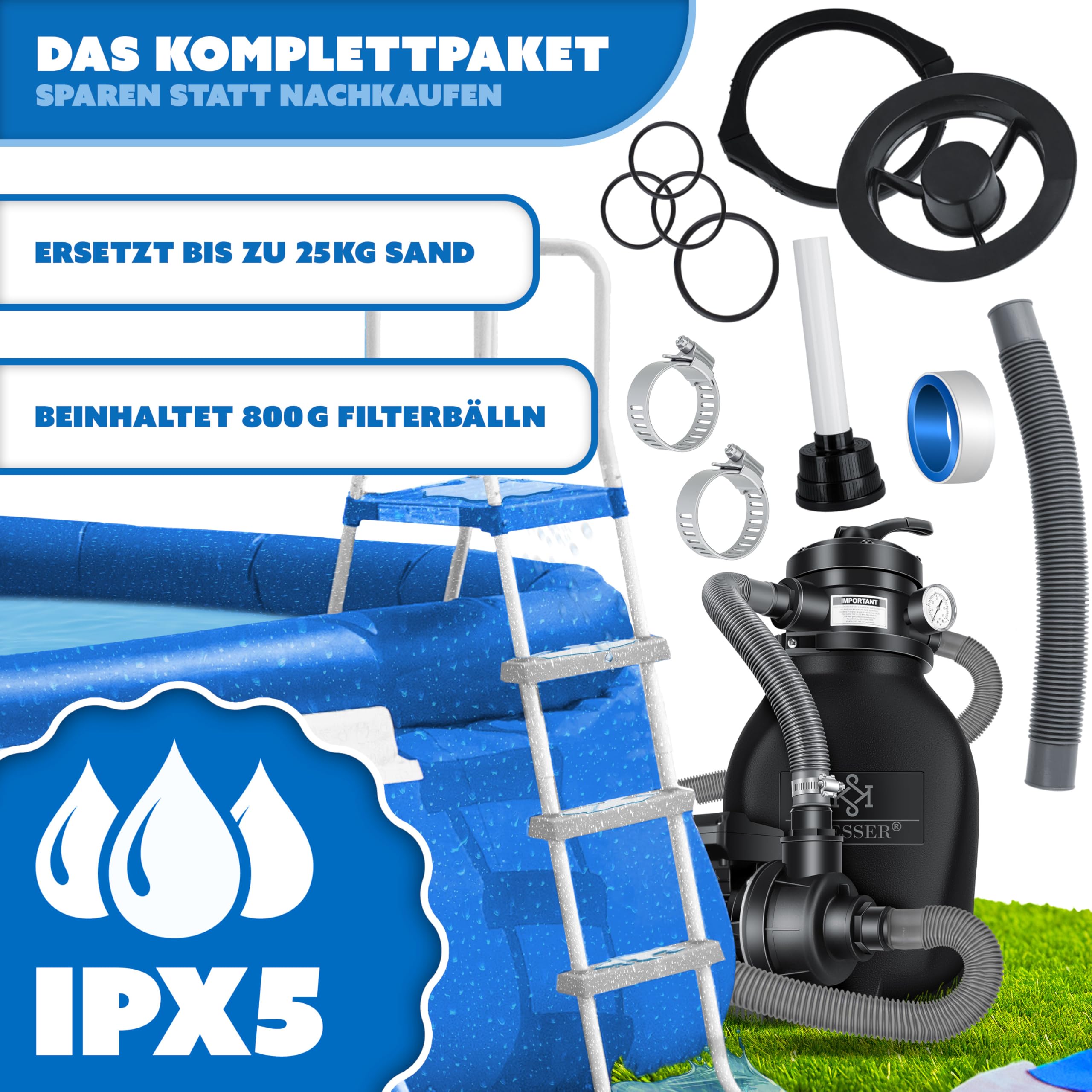 KESSER® Filtro a Sabbia - Sistema di filtraggio a Sabbia + 700 g di Sfere filtranti sostituiscono 25 kg di Sabbia filtrante per Piscine - Filtro per Piscine 10 mġ/h - Sistema filtrante