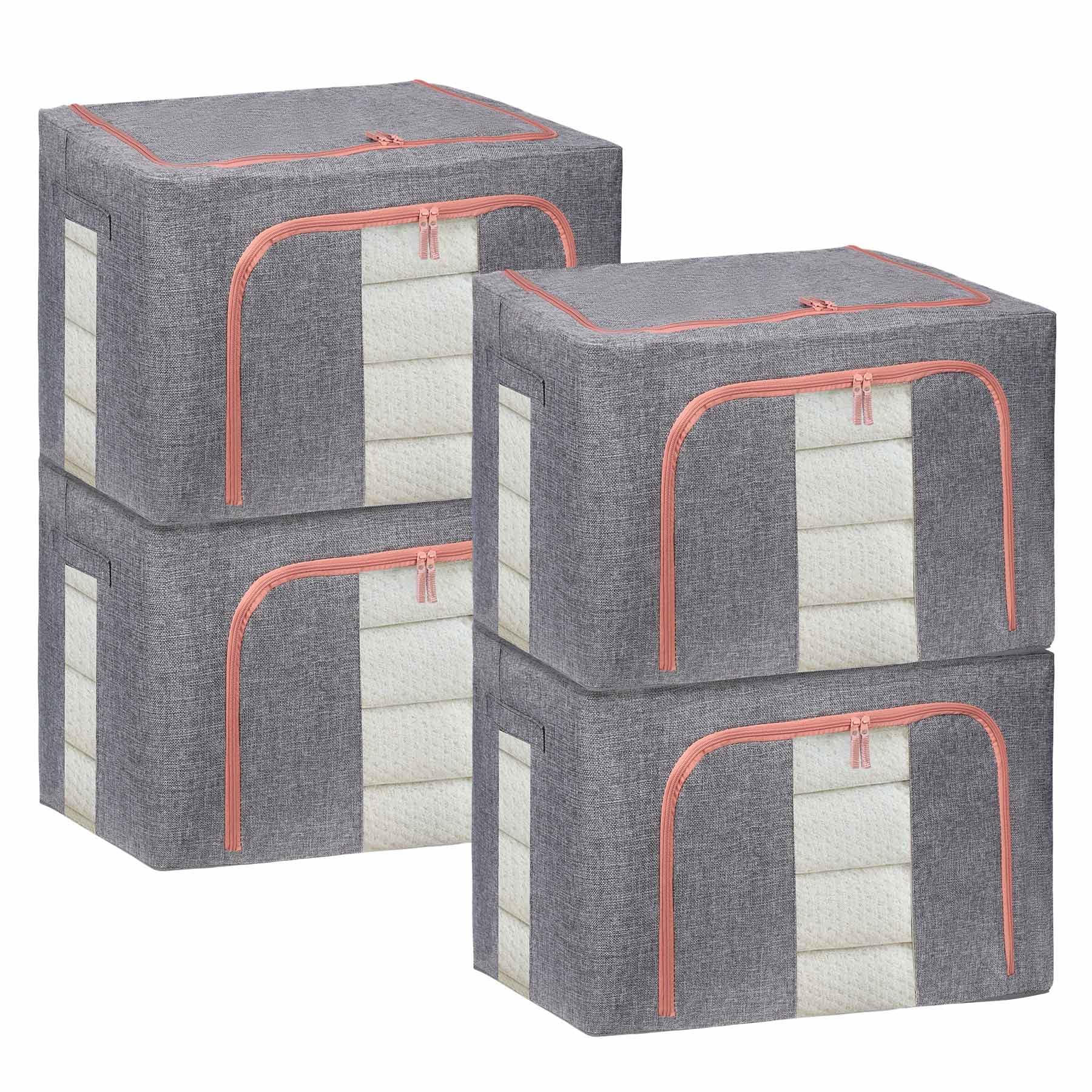 DAWNTREES 4 Pack 66L Openings Clothes Storage Bins with Metal Frame, Foldable Storage Bin for Clothes, Clothing Storage Bins with Lid, Linen Storage Box With Clear Window＆ Zippers＆ Durable Handles