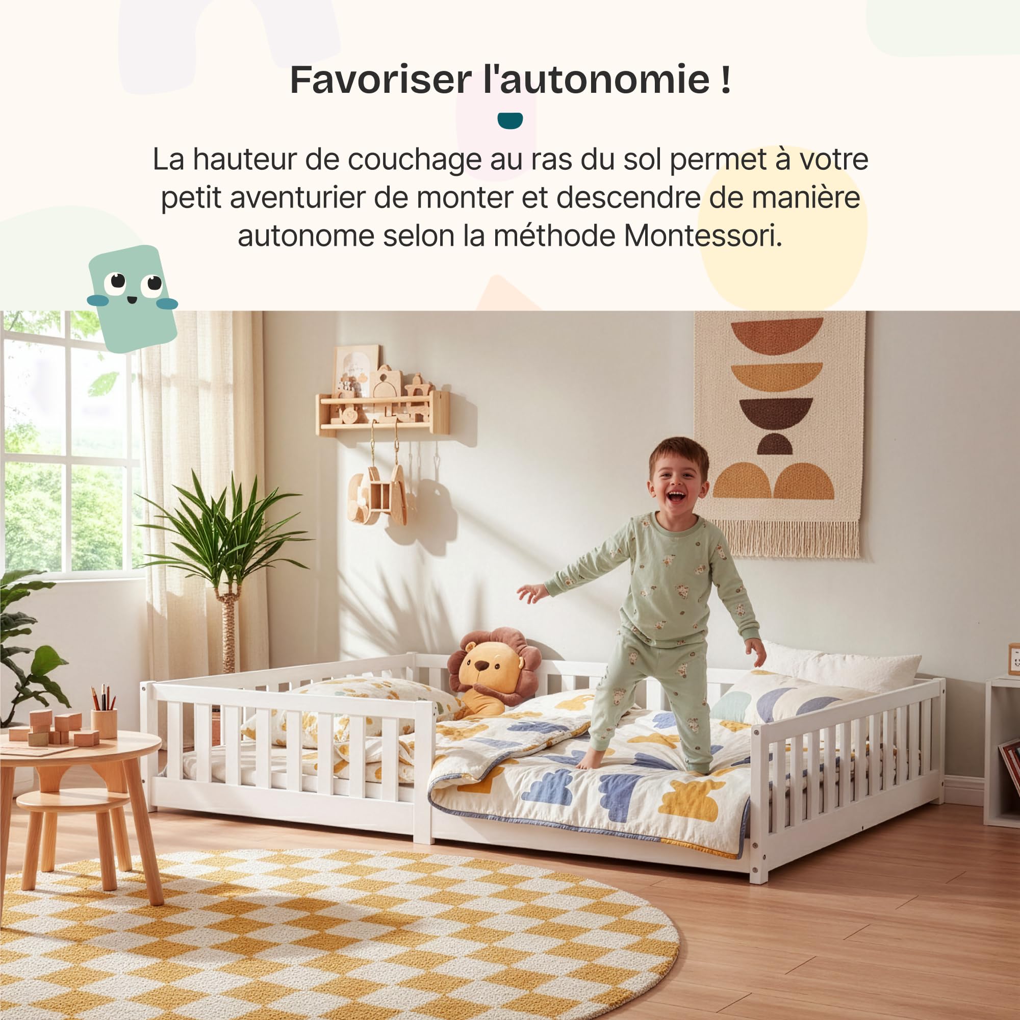 [en.casa] Lit pour Enfant avec Structure Robuste Barrière de Protection Anti-Chute Décorative Sommier à Lattes Capacité de Charge 150 kg Bois de Pin Contreplaqué 140 x 200 cm Blanc