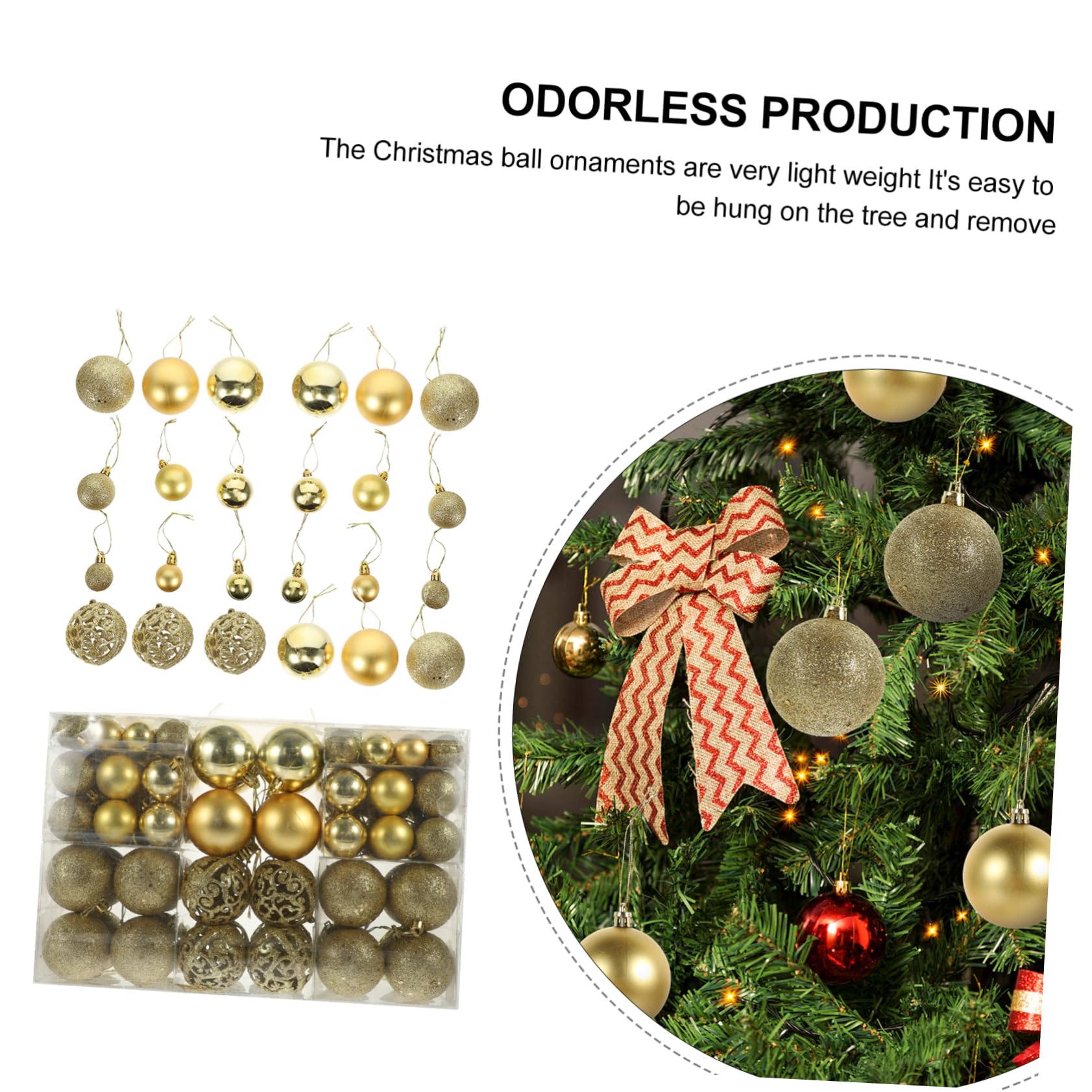 Caja de 100 Bolas Navideñas Doradas para Árbol, Adorno Colgante de Plástico Creativo, Tamaño 3-6 Cm para Ambiente Festivo y Regalos