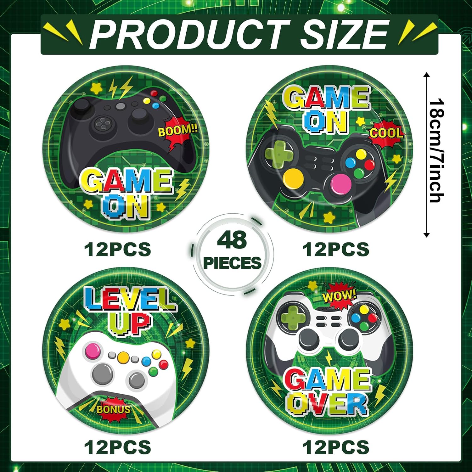 48PCS Video Game Party Paper Plates for Video Game Birthday Themed Party Supplies 7" Boys Gamer kids Disposable Plates Green Gaming Controller Dessert Level Up Plate for Baby Shower Favors Decorations image 2