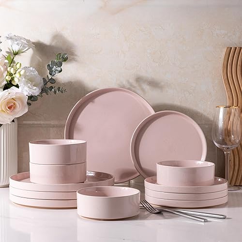 AmorArc Ceramic Dinnerware Set for 4 | Speckled Stoneware Plates and Bowls with unglazed terracotta | Scratch Resistant, Dishwasher & Microwave Safe Dishes Sets- 12-Pcs Pink - Service for 4 - Modern-Pink