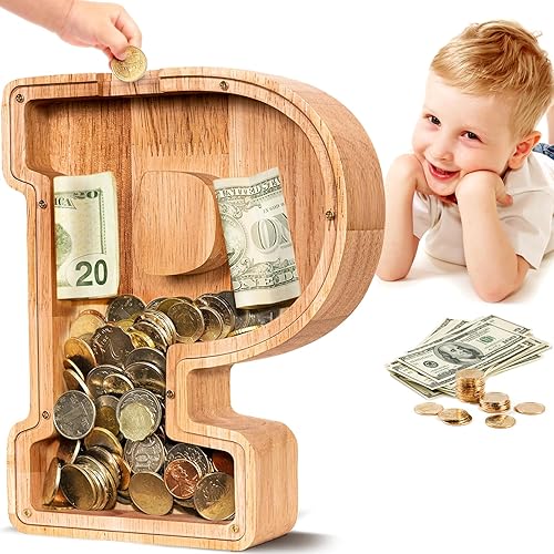 SummiDate Alcancía de madera con letras Alcancía para niños y niñas Alfabeto P Banco de dinero Banco de monedas, regalo de cumpleaños para niños,