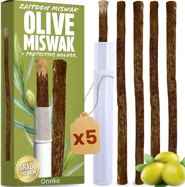 Miswak Olive Siwak Sticks: 5 Natural Toothbrushes + Case for Eco Oral Care