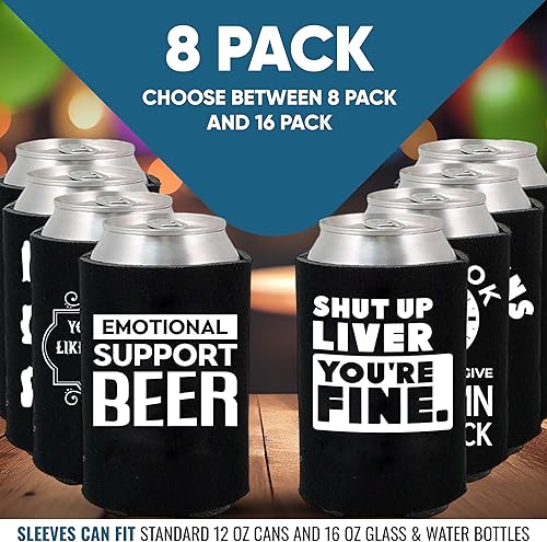Miniatura 3 de Divertidos frases de fiesta de cerveza para latas de cerveza con aislamiento térmico para bebidas con soda, cerveza Hugger Coolies (negro, paquete
