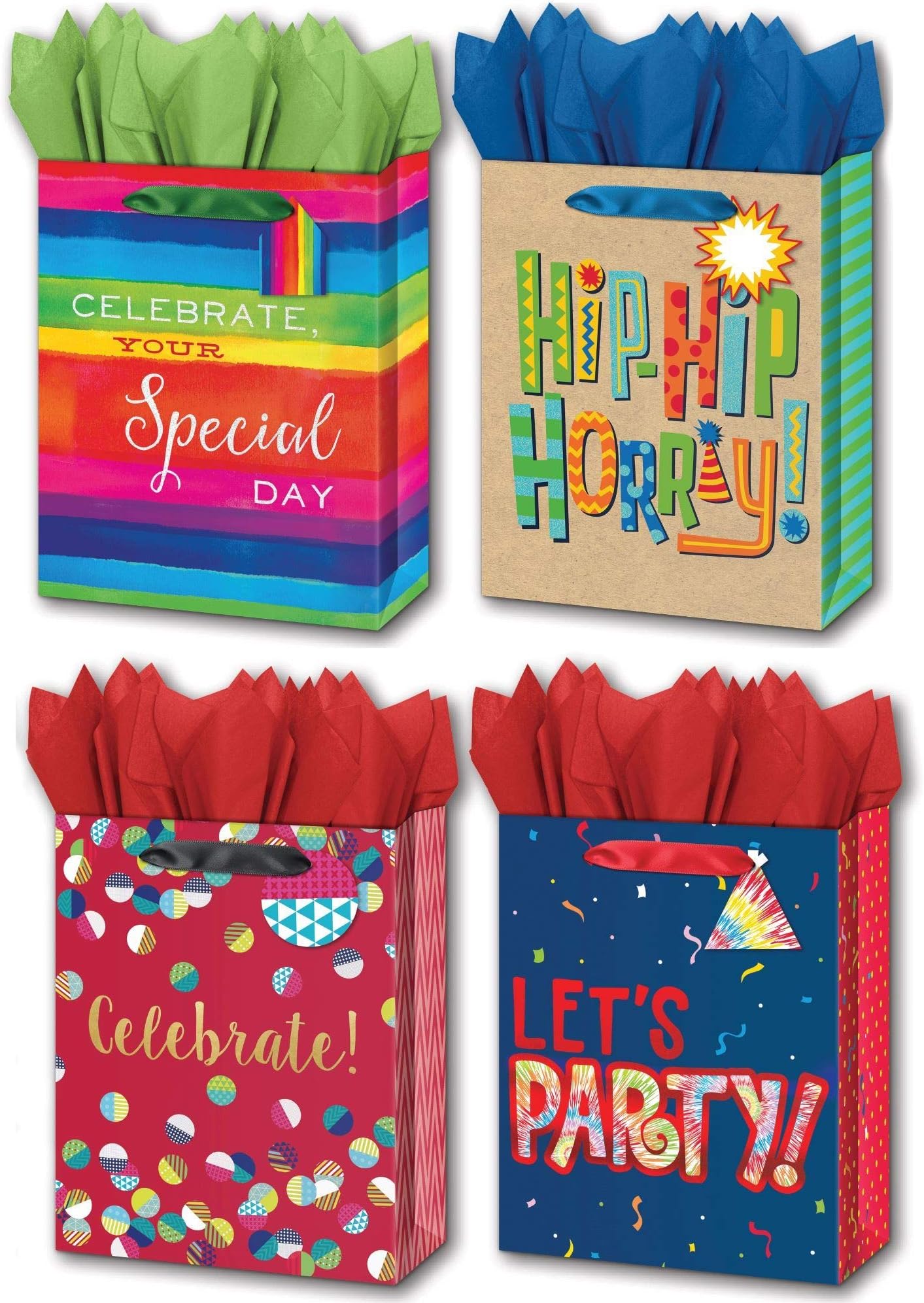 B-THERE Bundle of 4 Medium 7” x 9” x 4” Birthday Party Gift Bags with Tags, Tissue for Men, Women, Special Occasion
