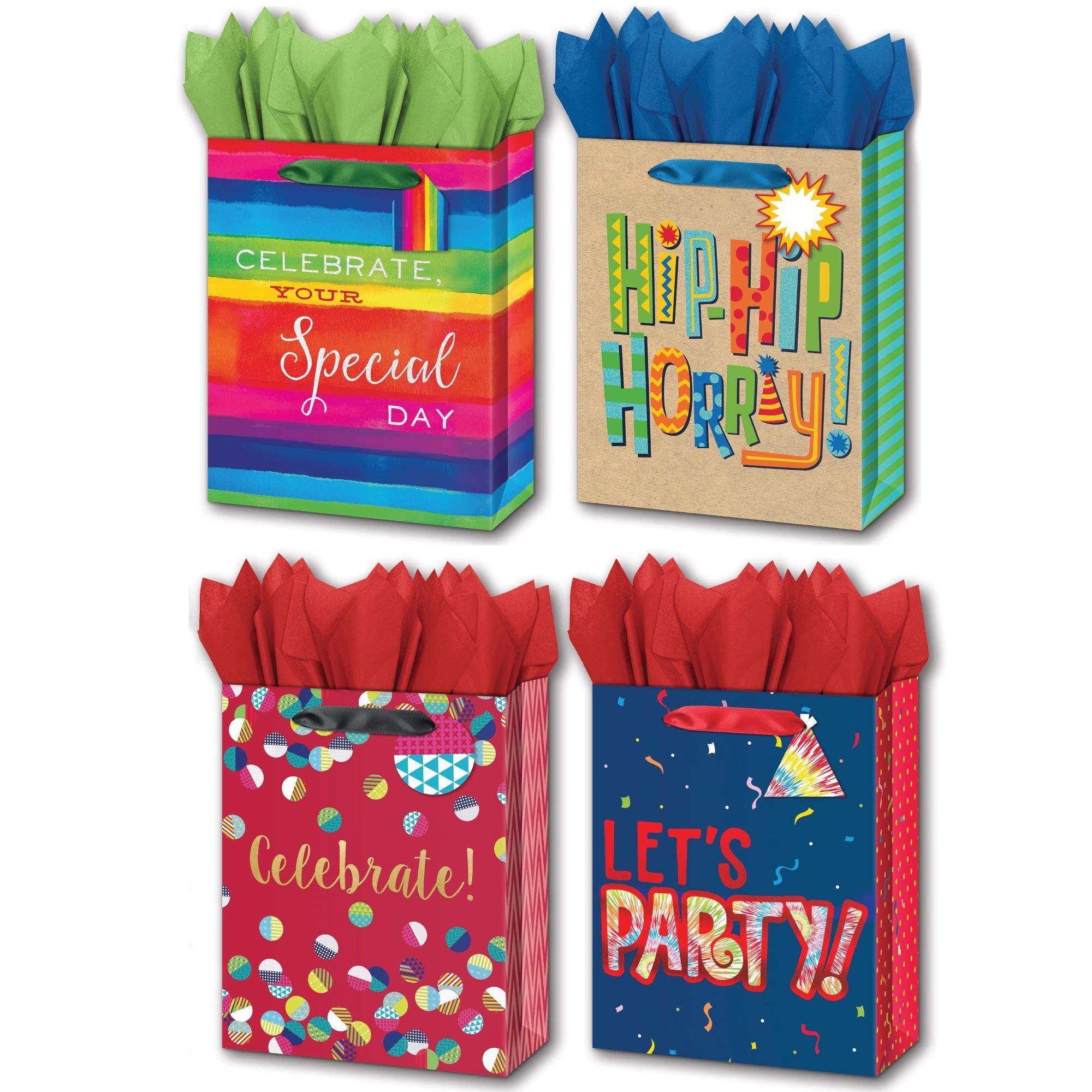 B-THERE Bundle of 4 Medium 7” x 9” x 4” Birthday Party Gift Bags with Tags, Tissue for Men, Women, Special Occasion