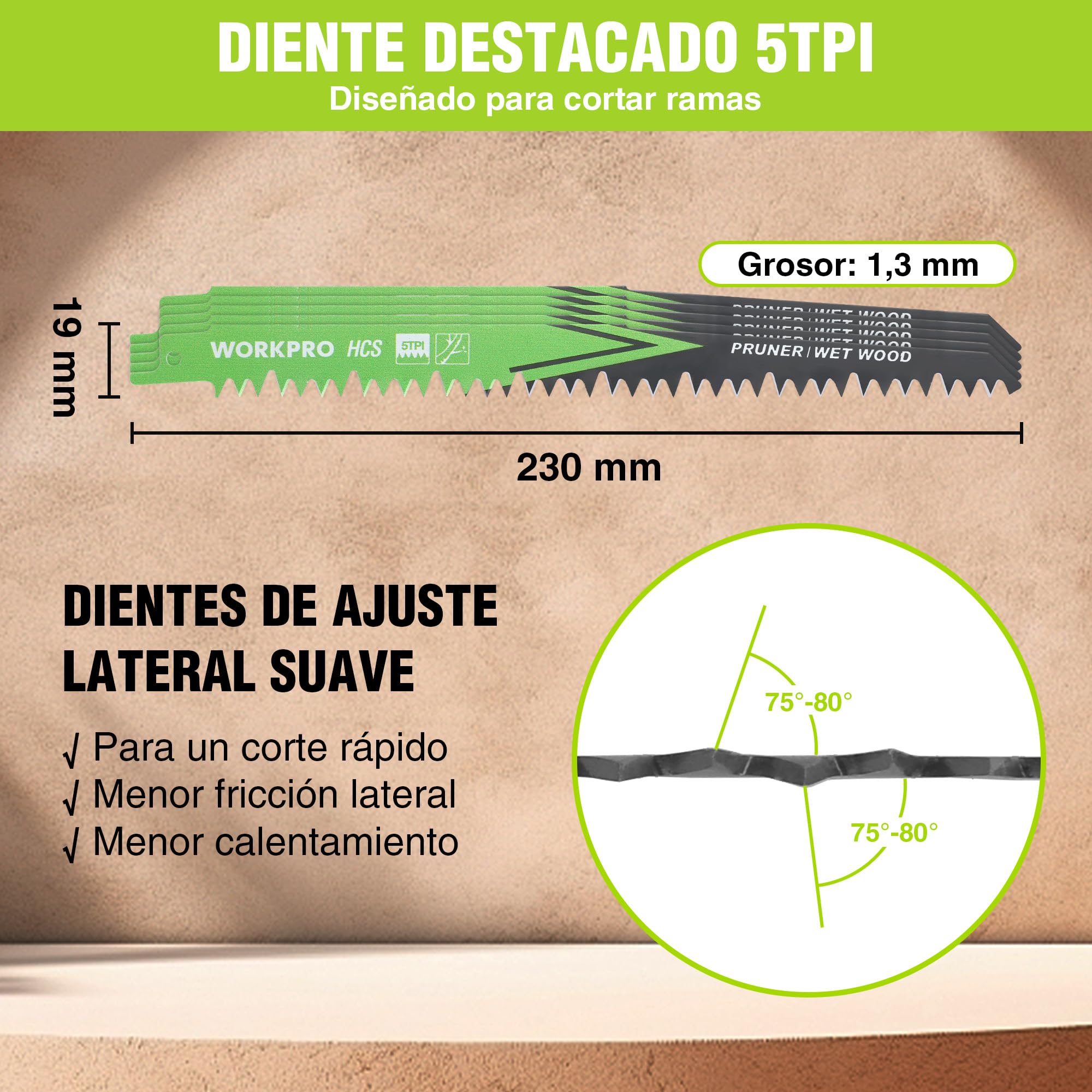 WORKPRO Hojas de Sierra Sable 5 Piezas, Cuchillas para Madera 230 mm, Accesorios de Corte para Poda y Jardín, Compatibles con la Mayoría de Sierras de Sable, con Caja de Plástico
