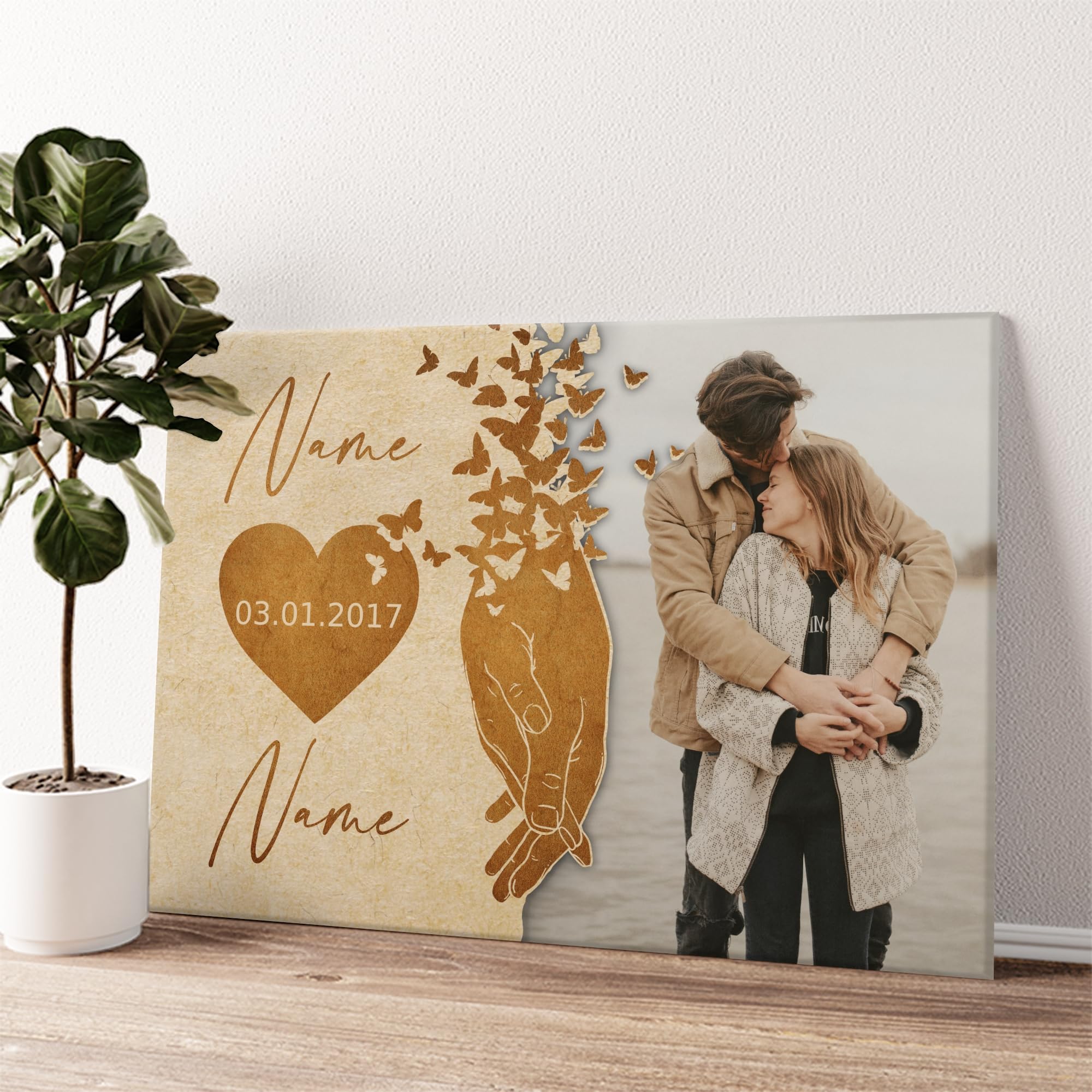 Liebesleinwand Individuelles Wandbild mit Foto | Jahrestag, Hochzeitstag Geschenke für Frauen | Leinwand mit Foto, Namen und Datum gestalten | Nimm meine Hand
