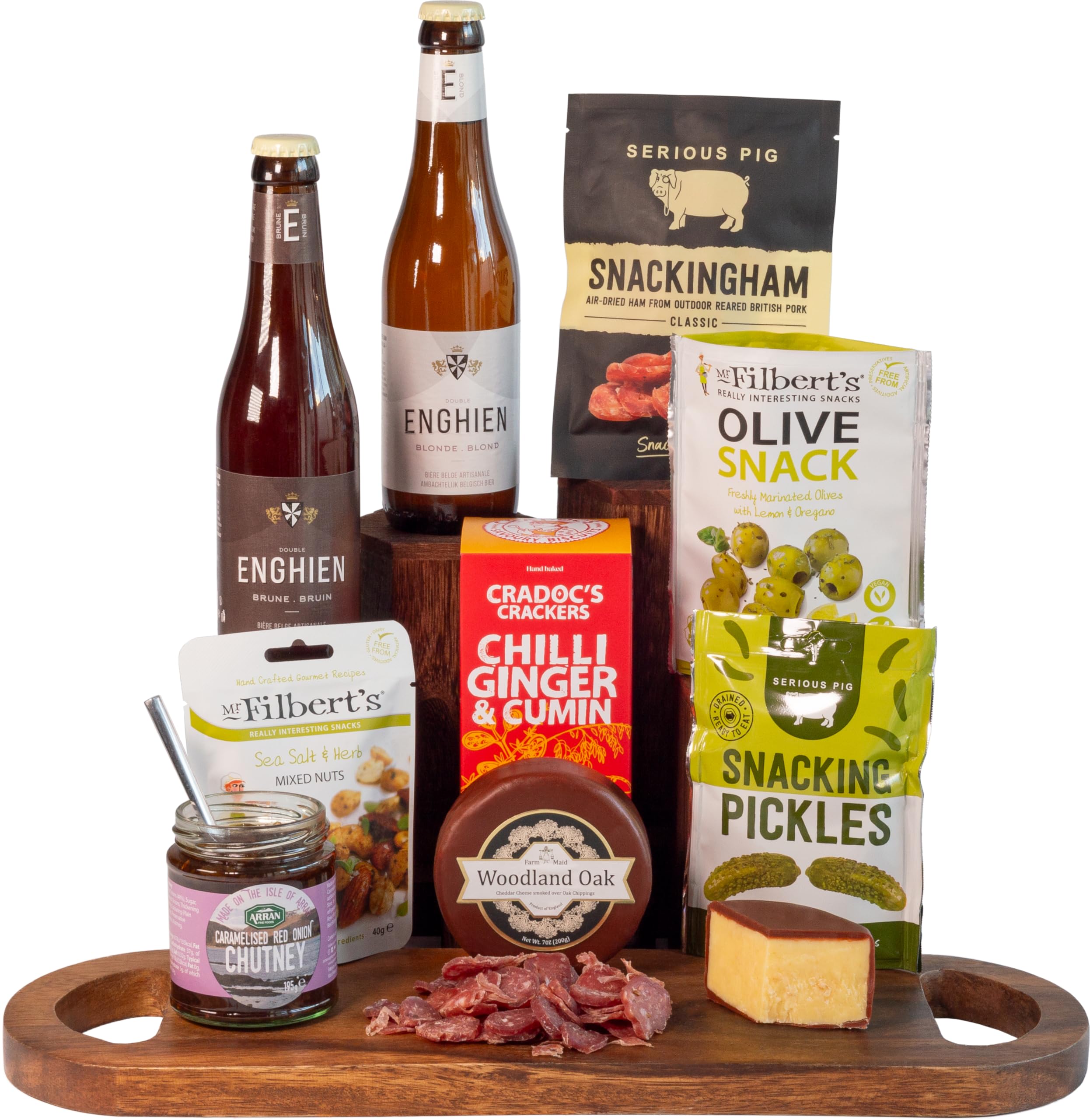 InterHamper | Beer and Cheese Snack Box Hamper Gift with Two Bottles of Belgium Beer, a Cheese Truckle and a bevy of scrumptious snacks all presented in a White Gift Box