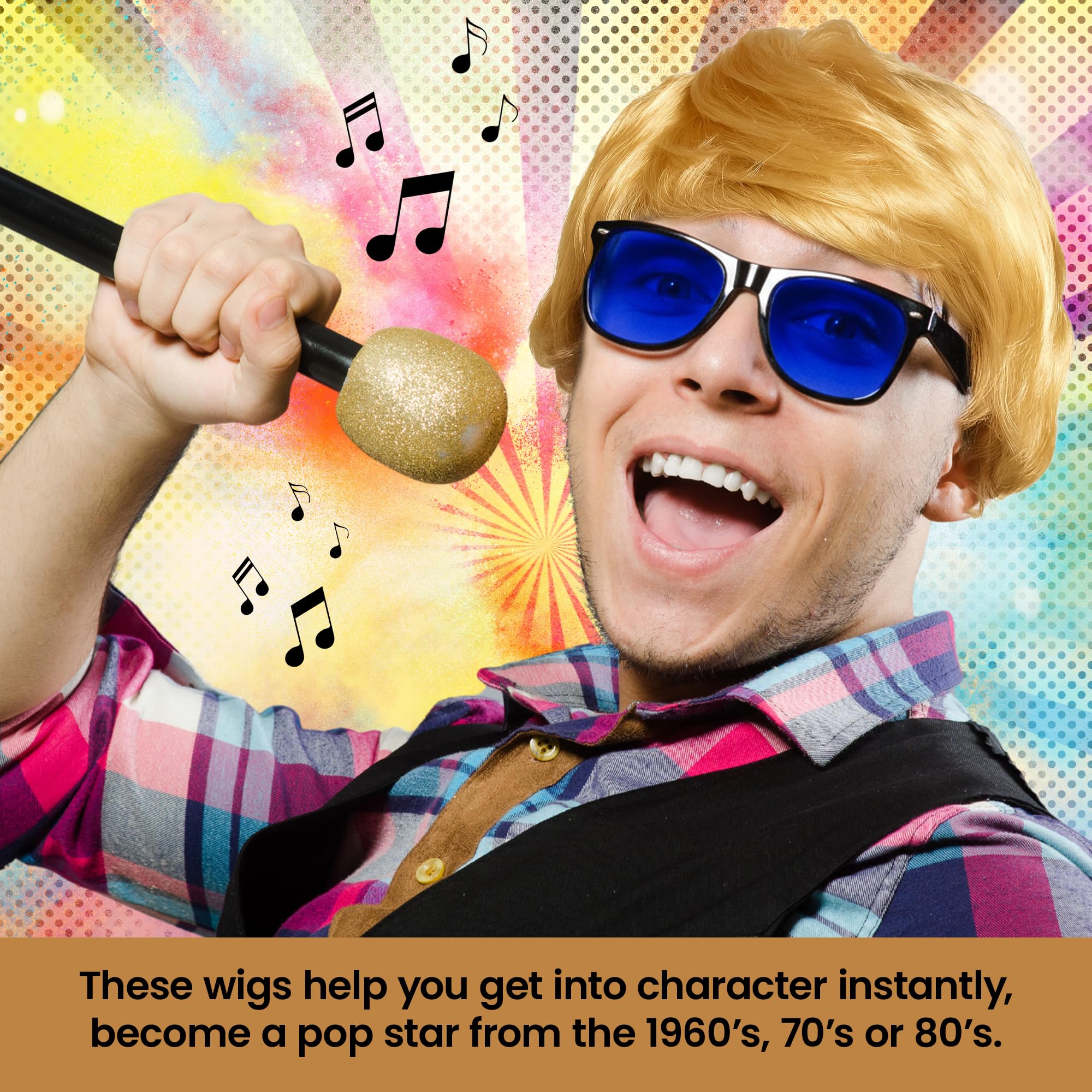 Mens Blonde Boyband Wig with Fringe Fancy Dress Accessories - Short Blonde Wig Men Hair Accessory for Britpop Party 60s 70s and 80s Fancy Dress Adult - Synthetic Short Hair as Halloween Accessories