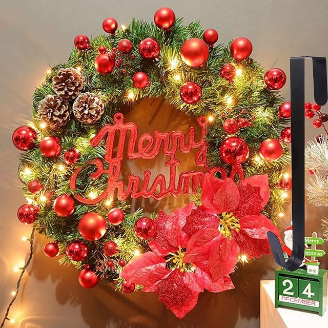 40cm Christmas Wreaths Decorations for Front Door with Led Lights and Hanger,Artificial Wreaths for Window Fireplace Wall Decor Harvest Indoor Outdoor Home Christmas Decorations (Red)