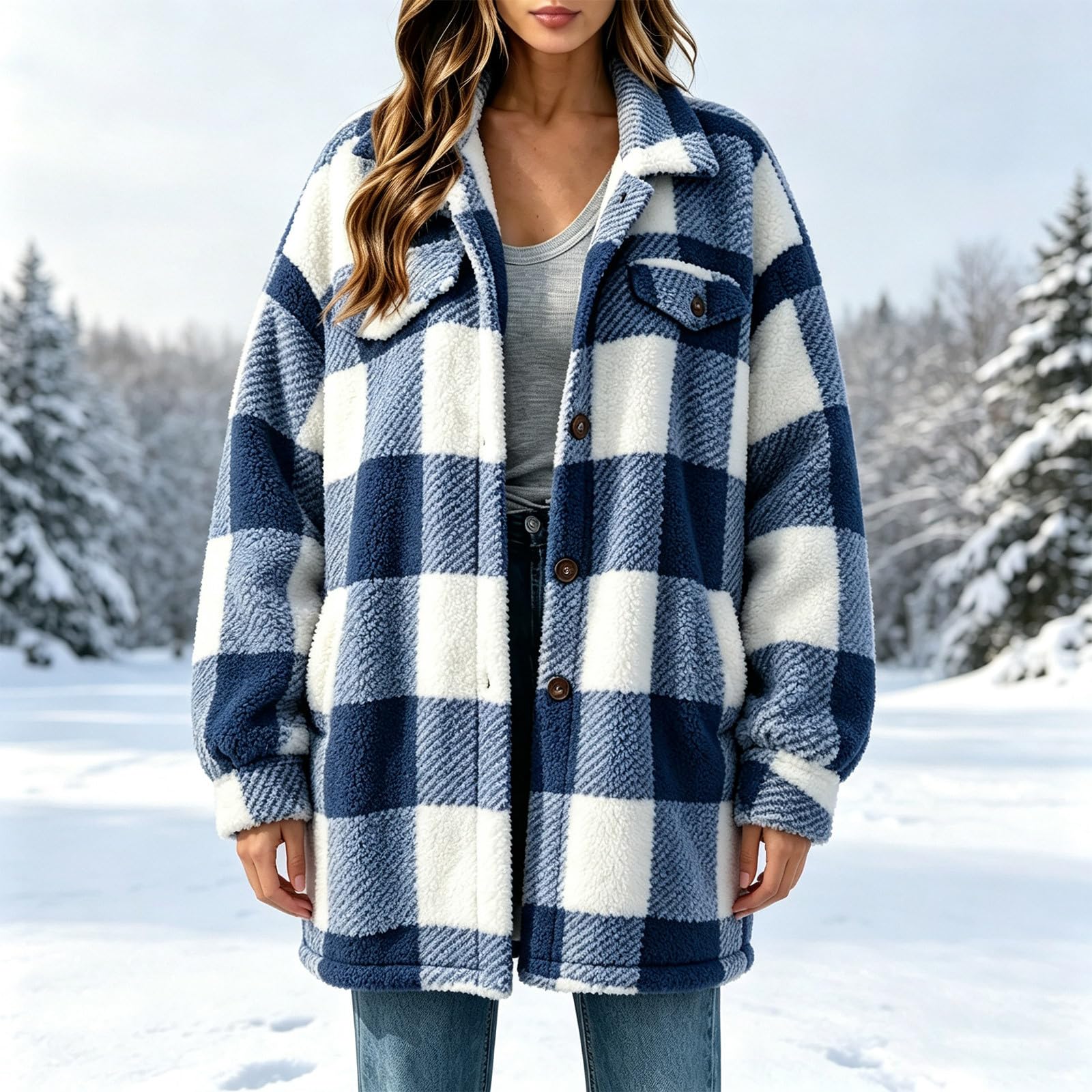 Fleecejacke Damen Teddyjacke Karierte Wintermantel Outdoorjacke