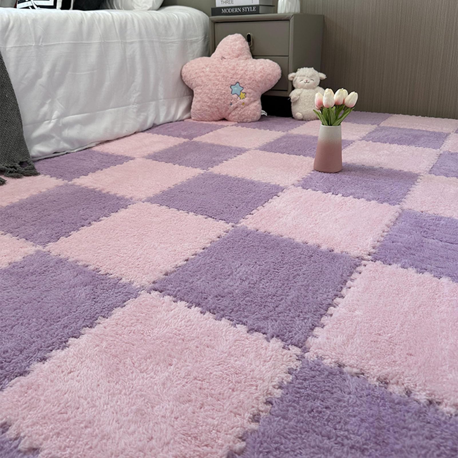 Pluszowe płytki dywanowe z pianki, pluszowa mata piankowa(Purple+pink)
