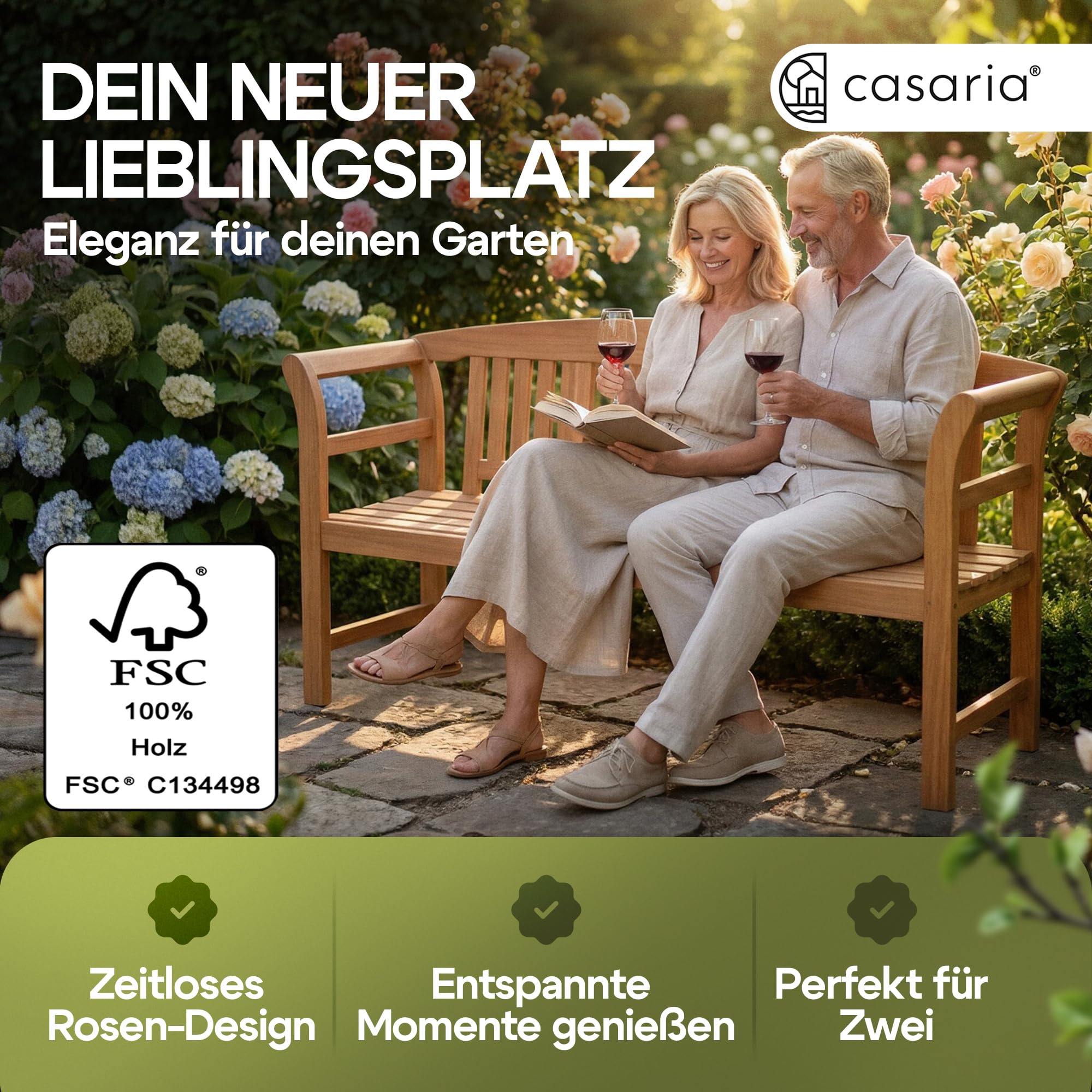 Casaria® Gartenbank FSC®-Zertifiziert Wetterfest | 158x43cm, Holz, 480kg Belastbarkeit, 3-Sitzer, Armlehne, Rückenlehne, Garten, Balkon, Eukalyptus, braun