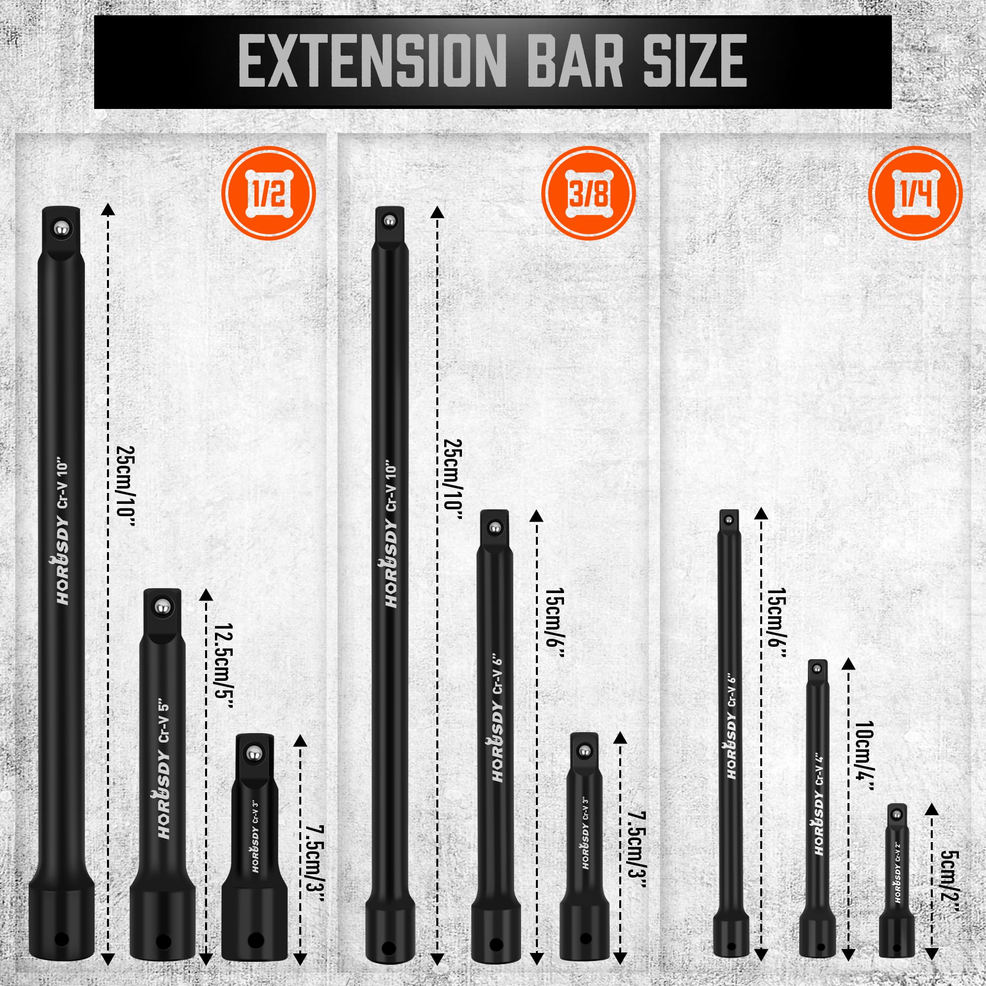 HORUSDY 12-Piece Driver Extension Bar Set Includes Socket Adapters, 1/4", 3/8", and 1/2" Drive, Tool Accessory Set - Image 2