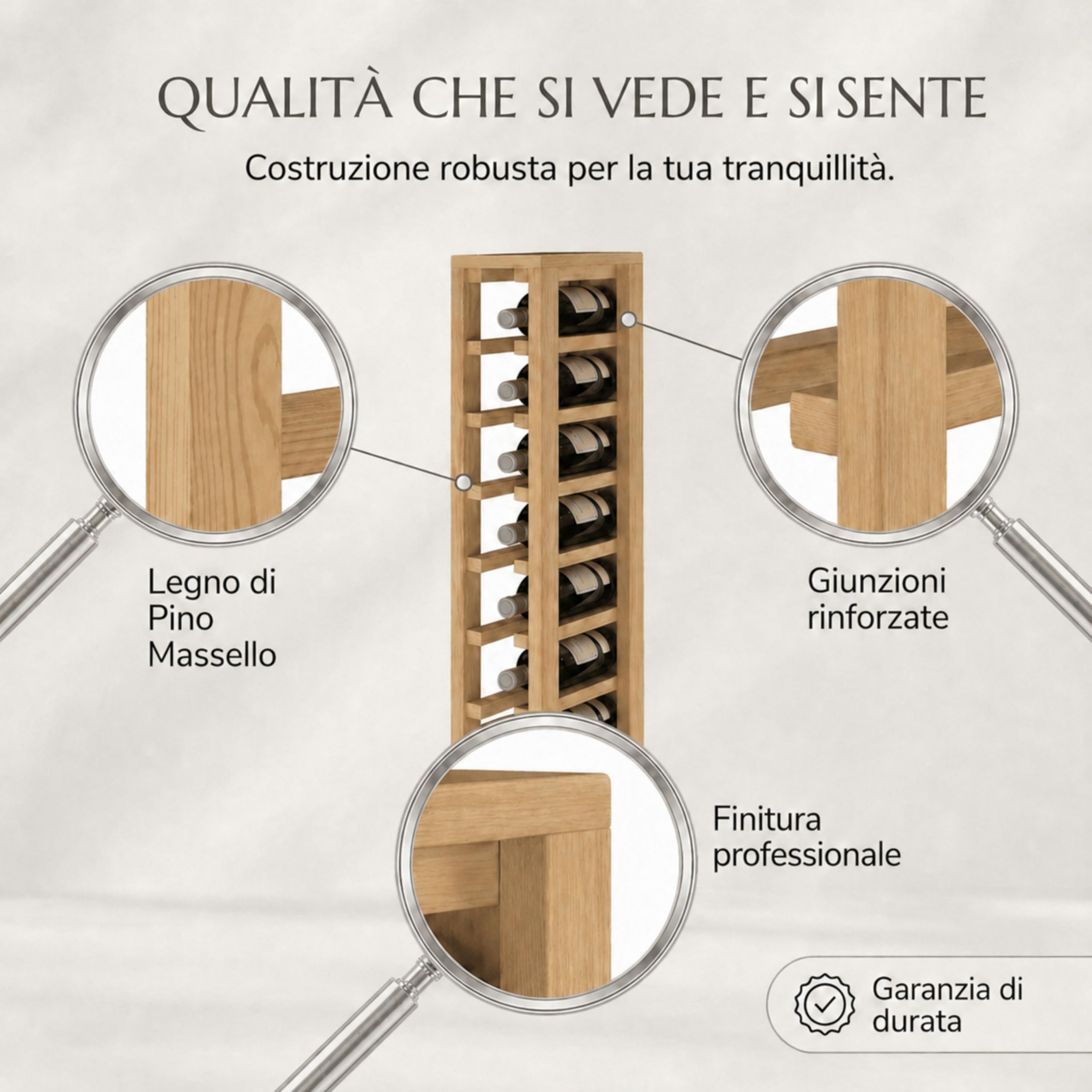 Portabottiglie in legno di quercia, 12 x 32 x 105 cm