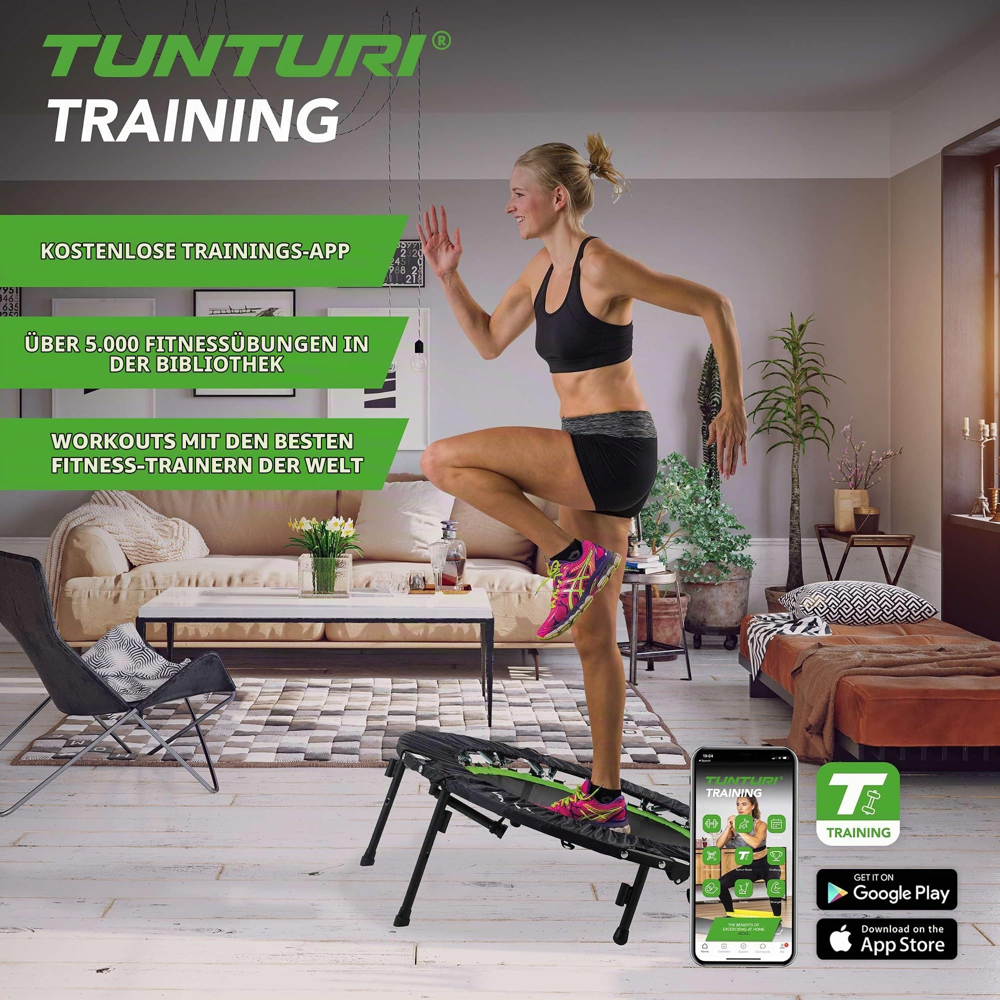 Tunturi Erwachsene klappbares Fitness Trampolin Ø 104cm mit Stange und Randabdeckung/Jumping Fitness Trampolin/Rebounder | Maximale Belastung 140 kg, Sprunghöhe 22 cm, Gewicht 11 kg, Faltmaß 40 x 75 x 10 cm