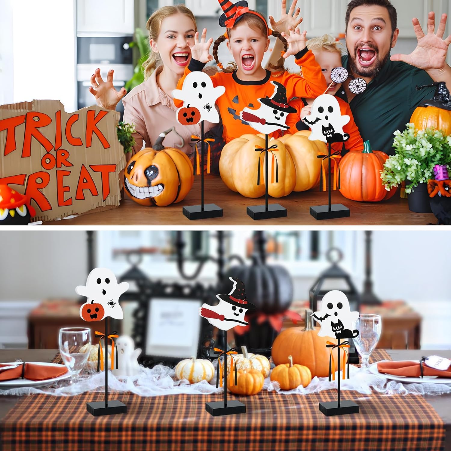3 Pcs Halloween Wooden Table Decor Wooden Ghost Sign Set Tiered Tray Tall Standing Centerpieces for Home Party Indoor Decor