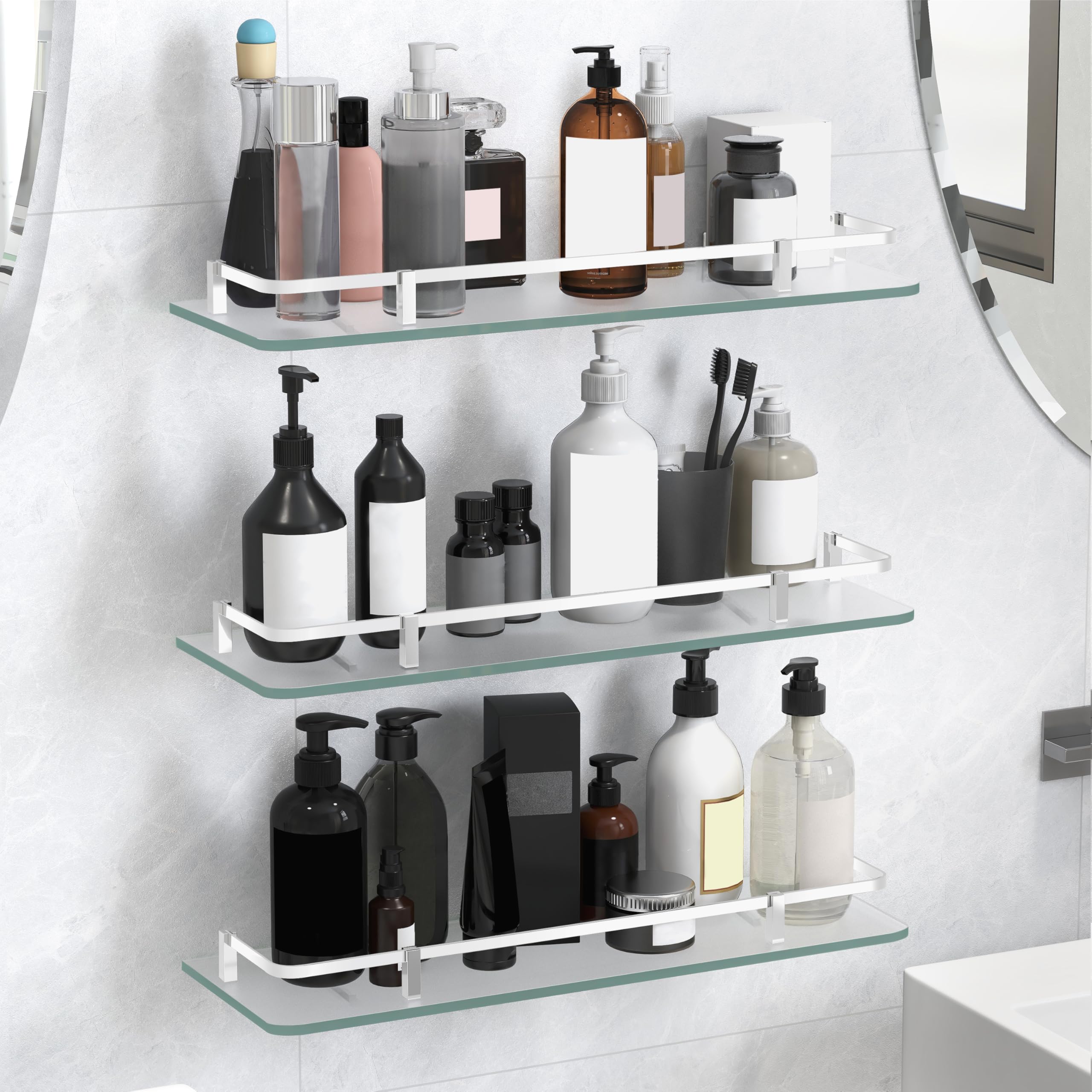 Plantex Multipurpose Frosted Glass Shelves for Bathroom/Shelves for Kitchen/Living Room Wall Shelves with Brass Railings and Wall Brackets (Chrome Finish, 18x6 Inches) - Pack of 3 (B0CB41BVQQ) Amazon Price History, Amazon Price Tracker