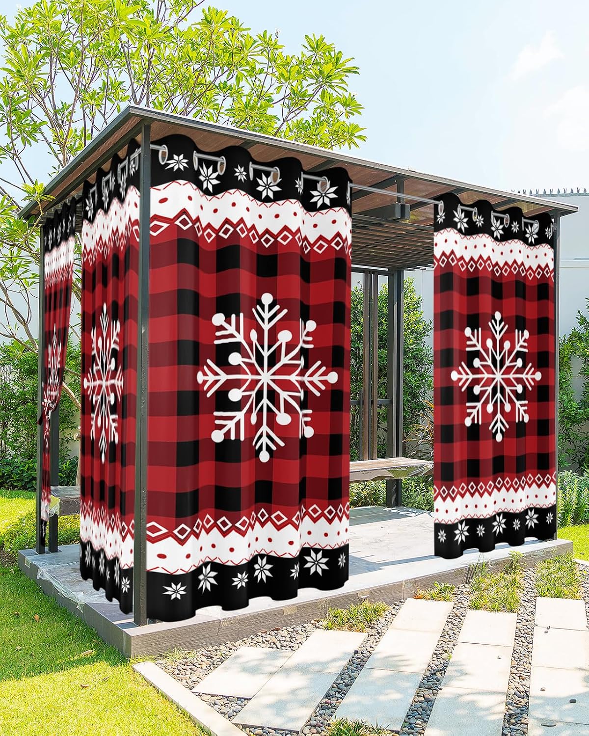 Indoor Outdoor Curtains for Patio Chrsitmas Snowflake Winter Snow Red Plaid Outside Curtains Waterproof Grommet Privacy Drapes Light Filter Curtain for Porch Pergola Gazebo 52"Wx108"L 2 Panels