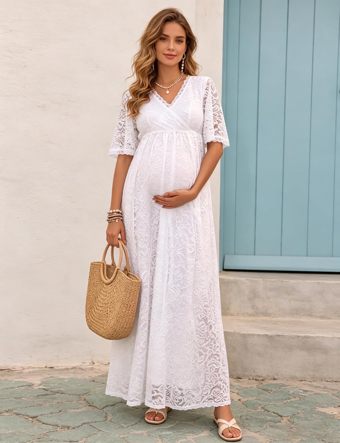 Maternity Lace Maxi Dress V-Neck Short Sleeve Elegant Floor-Length Gown for Pregnancy Photoshoot