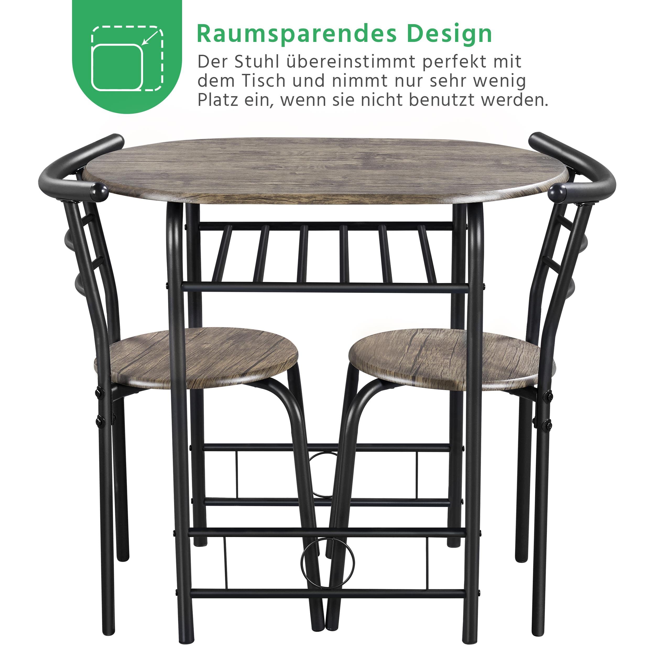 Yaheetech Essgruppe für 2 Personen, 1 Esstisch mit 2 Stühle, Küchentisch mit Ablagefach, Stahlgestell Tischgruppe für Küche, Wohnzimmer, Balkon, Restaurant, 80 x 53 x 75,5 cm, Drift Braun