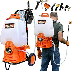 PetraTools Battery Backpack Sprayer with Custom Fitted Cart and 100 Foot Commercial Hose, 2 Hoses Included, Commercial Quality Heavy Duty Sprayer (HD5000 6.5-Gallon with Reel Cart)