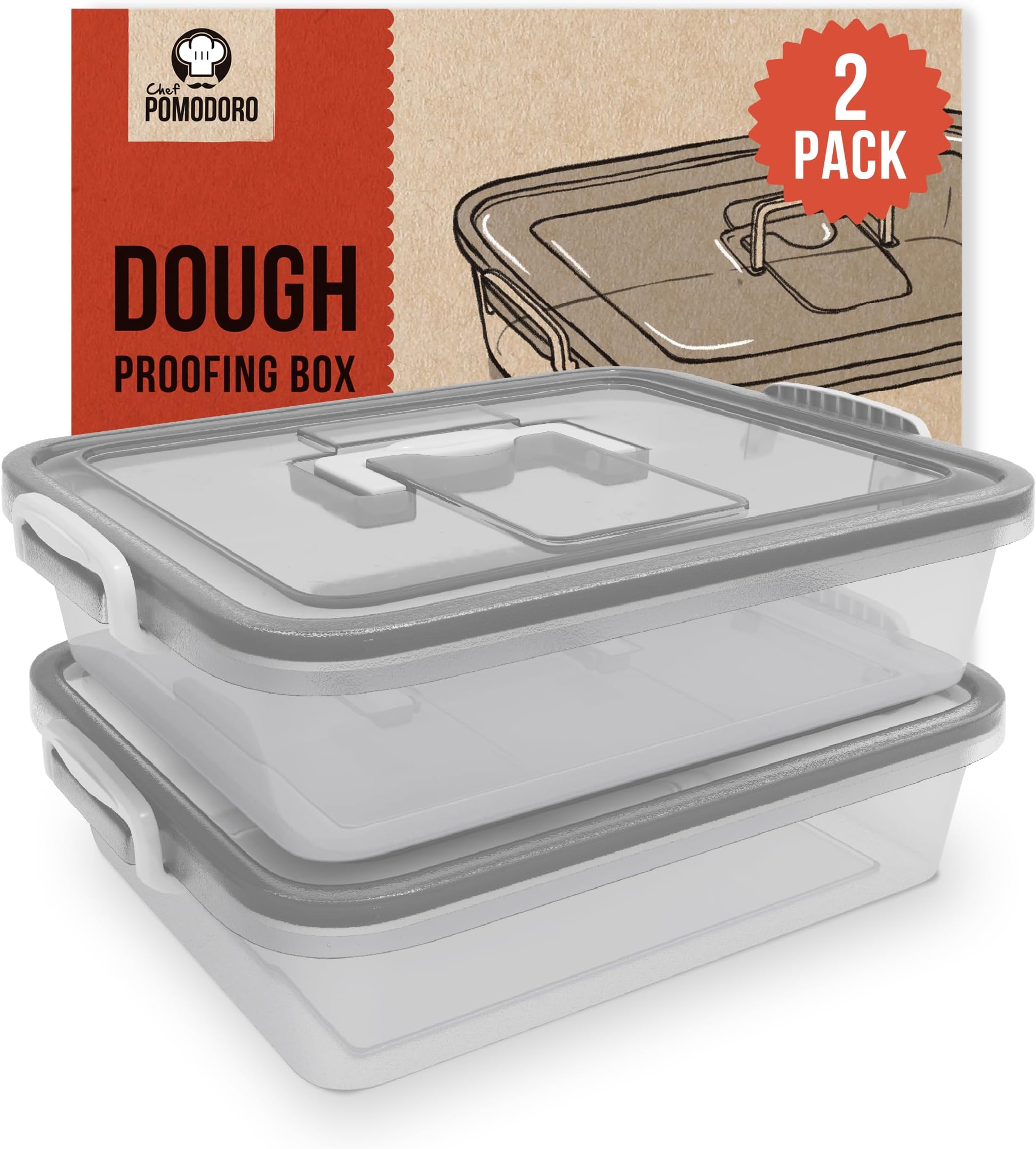 Chef Pomodoro Large Pizza Dough Proofing Box with 2 Trays and 2 Lids, 44 x 34 cm, Pizza Dough Container with Lid Fits 6-8 Dough Balls, Pizza Dough Tray With Convenient Carry Handle (Grey)