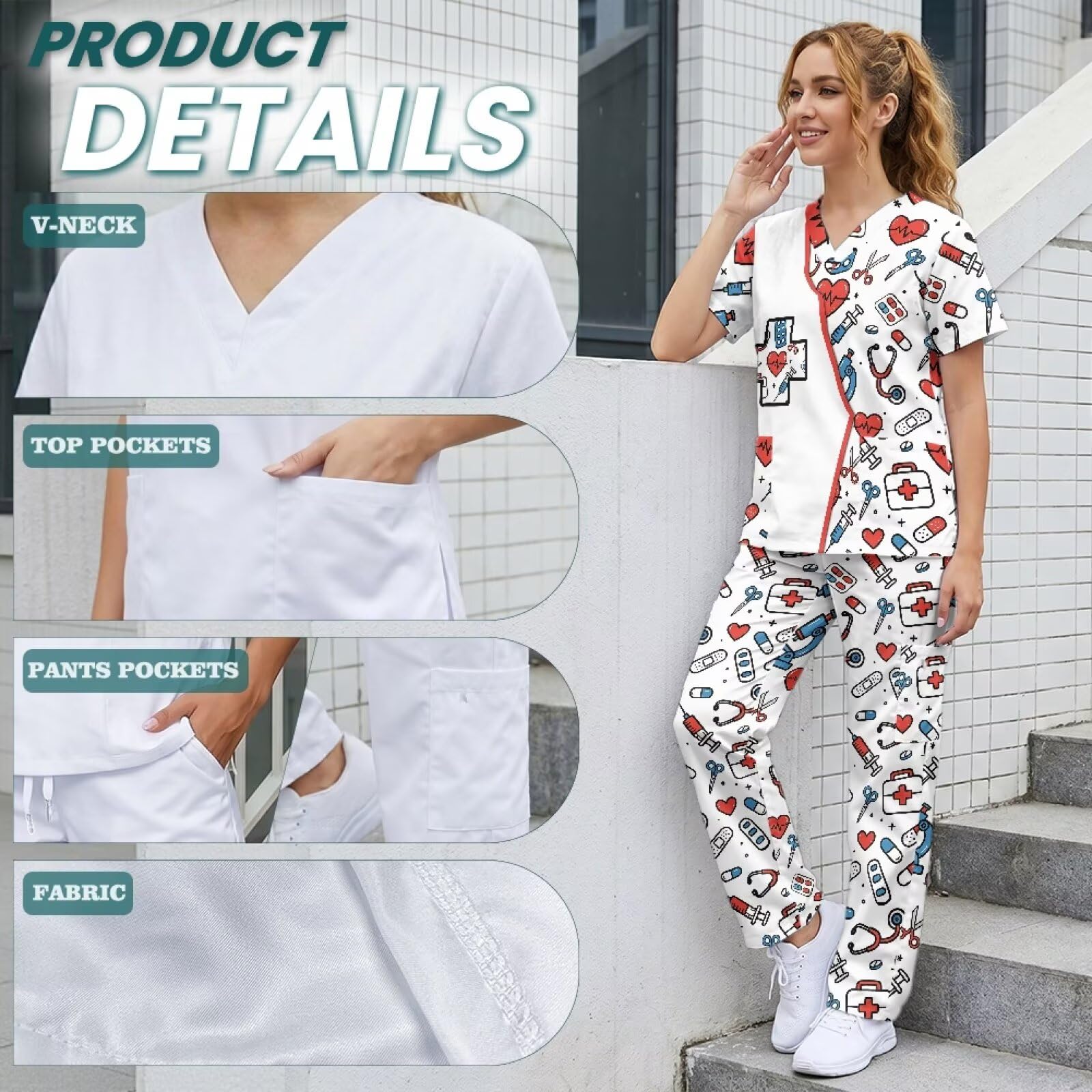 Set di scrub con stampa carina con scollo a V e pantaloni a gamba dritta con 6 tasche, per infermieri, abbigliamento da lavoro, facile da pulire