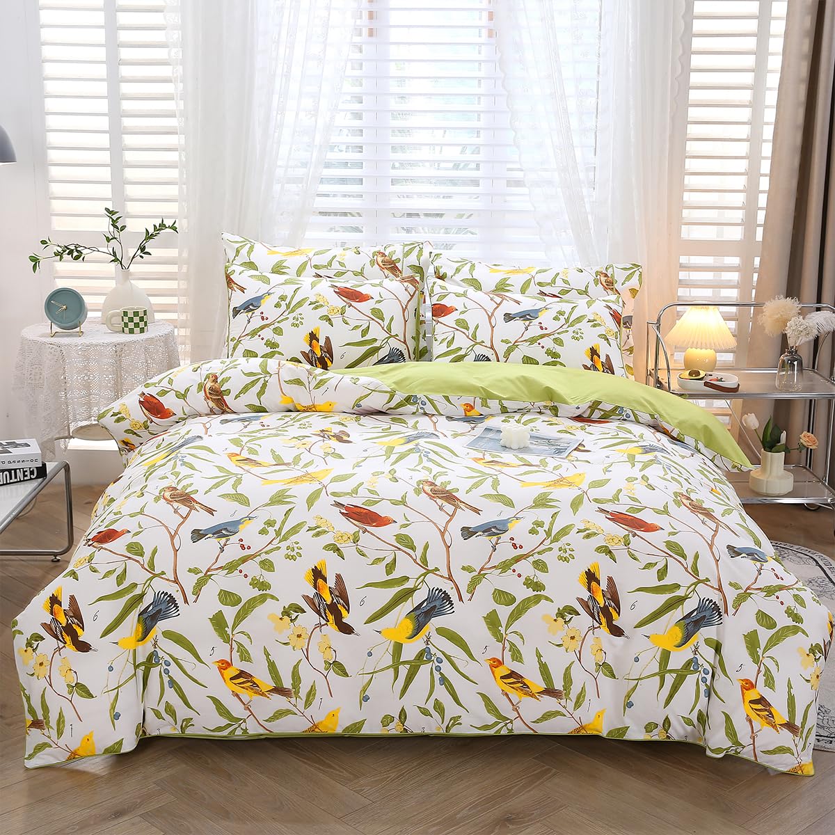 STYHO 3 Pcs Cotton Floral Duvet Cover Sets King Size Green Leaves Birds Printed Bedding Sets Ultra Soft Reversible Rustic Flowers Duvet Set for All Seasons(Birds