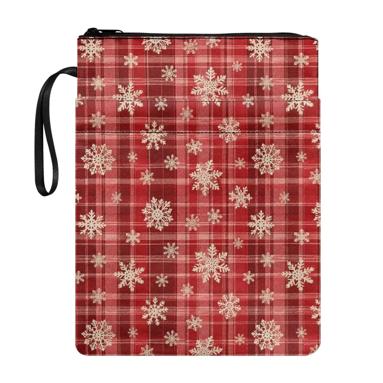 Poceacles Book Cover Sleeve for Paperbacks, Washable Fabric Portable Textbook Protector with Zipper for Christmas Winter Holiday, Christmas Plaid Snowflake — image 1