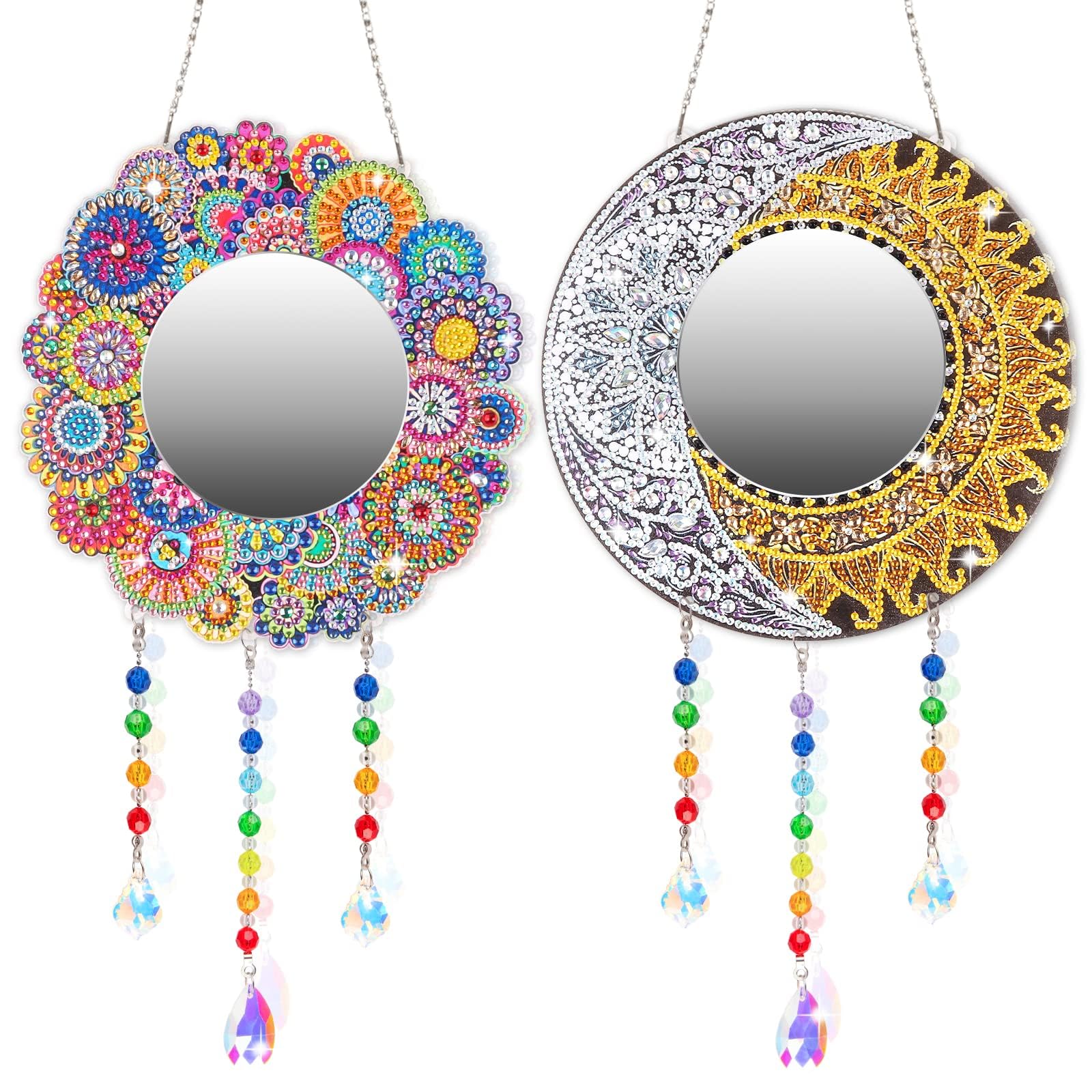 LazyFold 2Pcs DIY Diamond Painting Mirror, Moon Mandala Makeup Mirror, Special Shaped Crystal Suncatcher for Beginner Arts Crafts Gifts Home Decor (