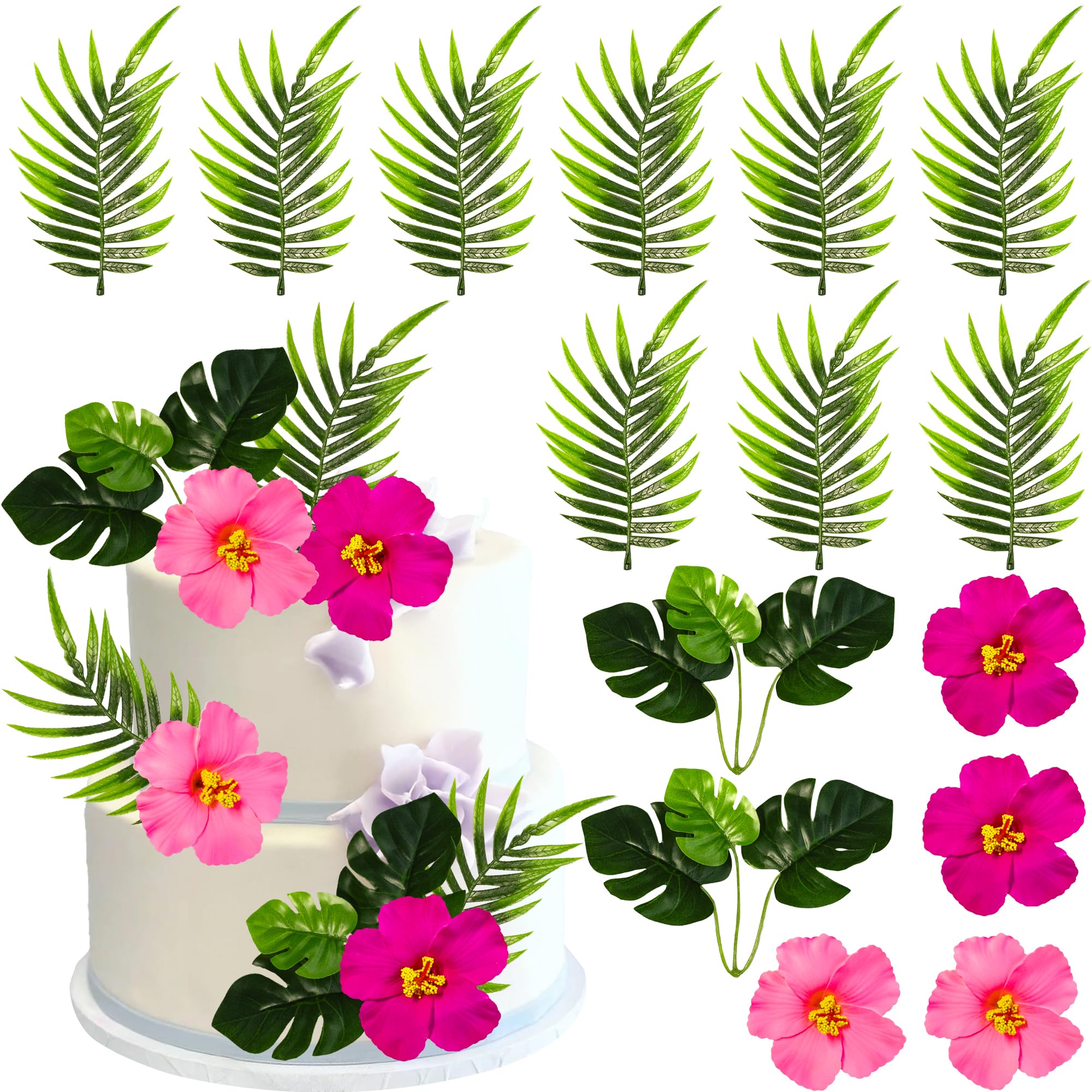 Ephlyn 15 Pack Artificial Hibiscus Flower Cake Toppers Hawaii Pink Hibiscus Cake Decorations for Summer Theme Birthday Bridal Engagement Wedding Floral Holiday Party Supplies