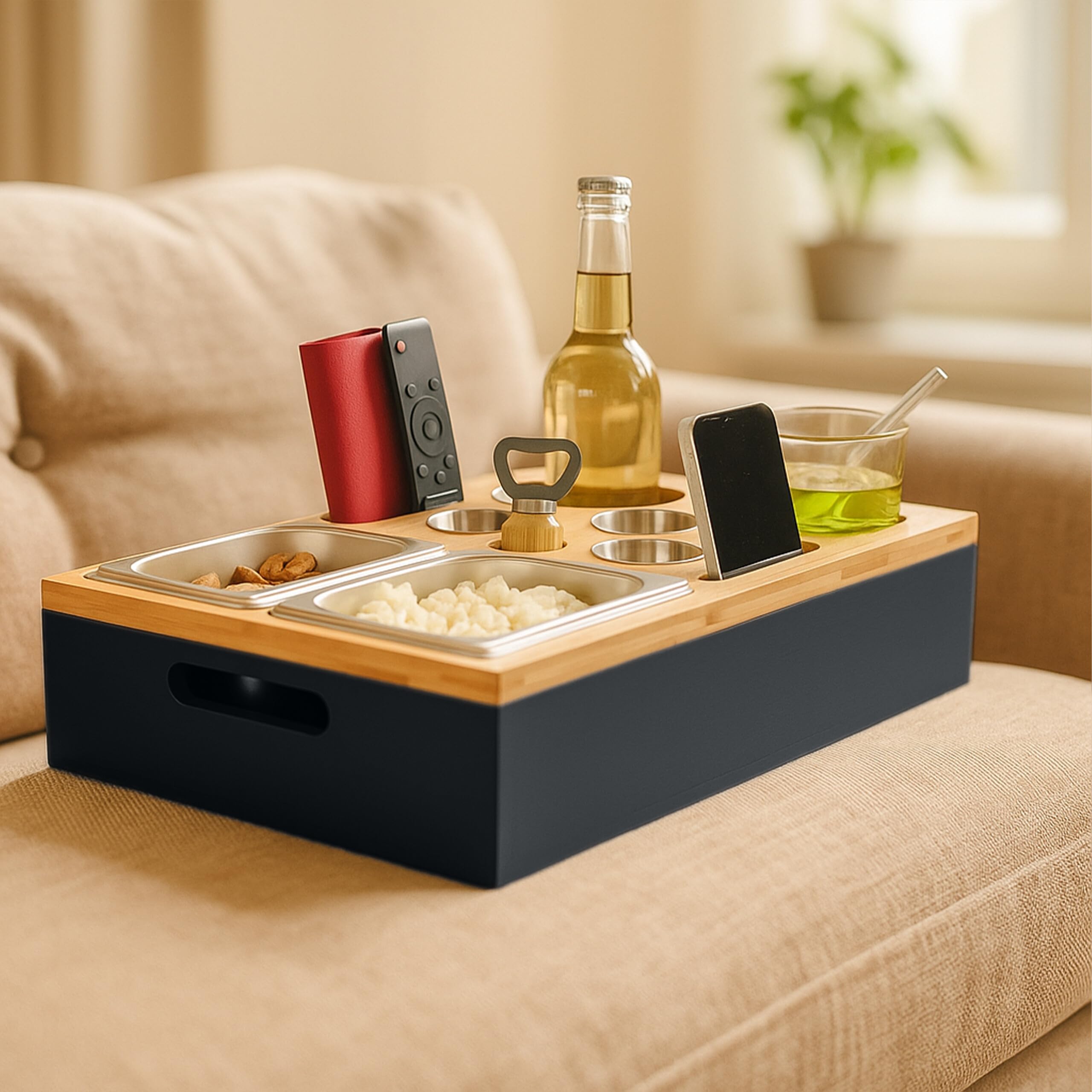 Relaxdays Plateau canapé, contenants Pratiques, Support en Bambou, pour Une soirée conviviale sur Le Sofa, Noir & Nature