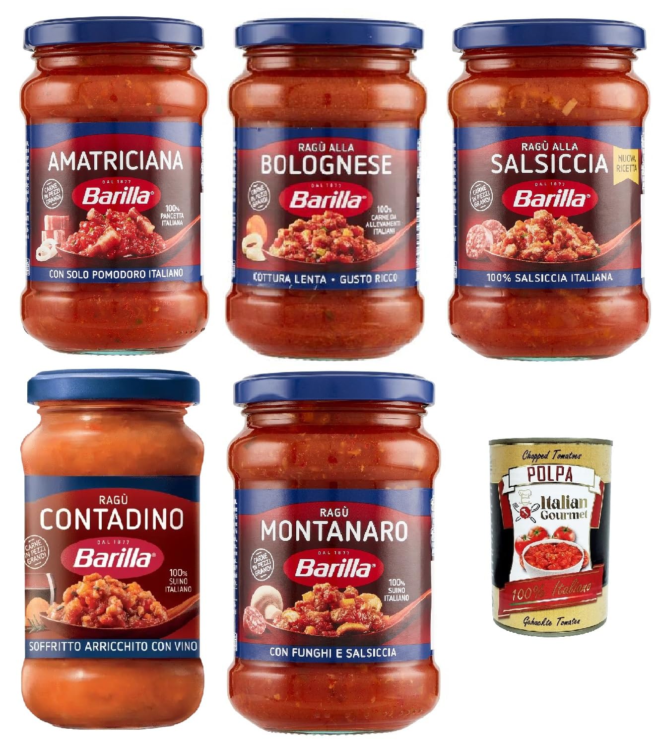 Barilla Sugo ragu testpaket, Salsa, Fertige Tomatensauce mit 100% italienischem, amatriciana, bolognese, contadino, montanaro, salsiccia 5x 300 gr + Italian Gourmet polpa 400g